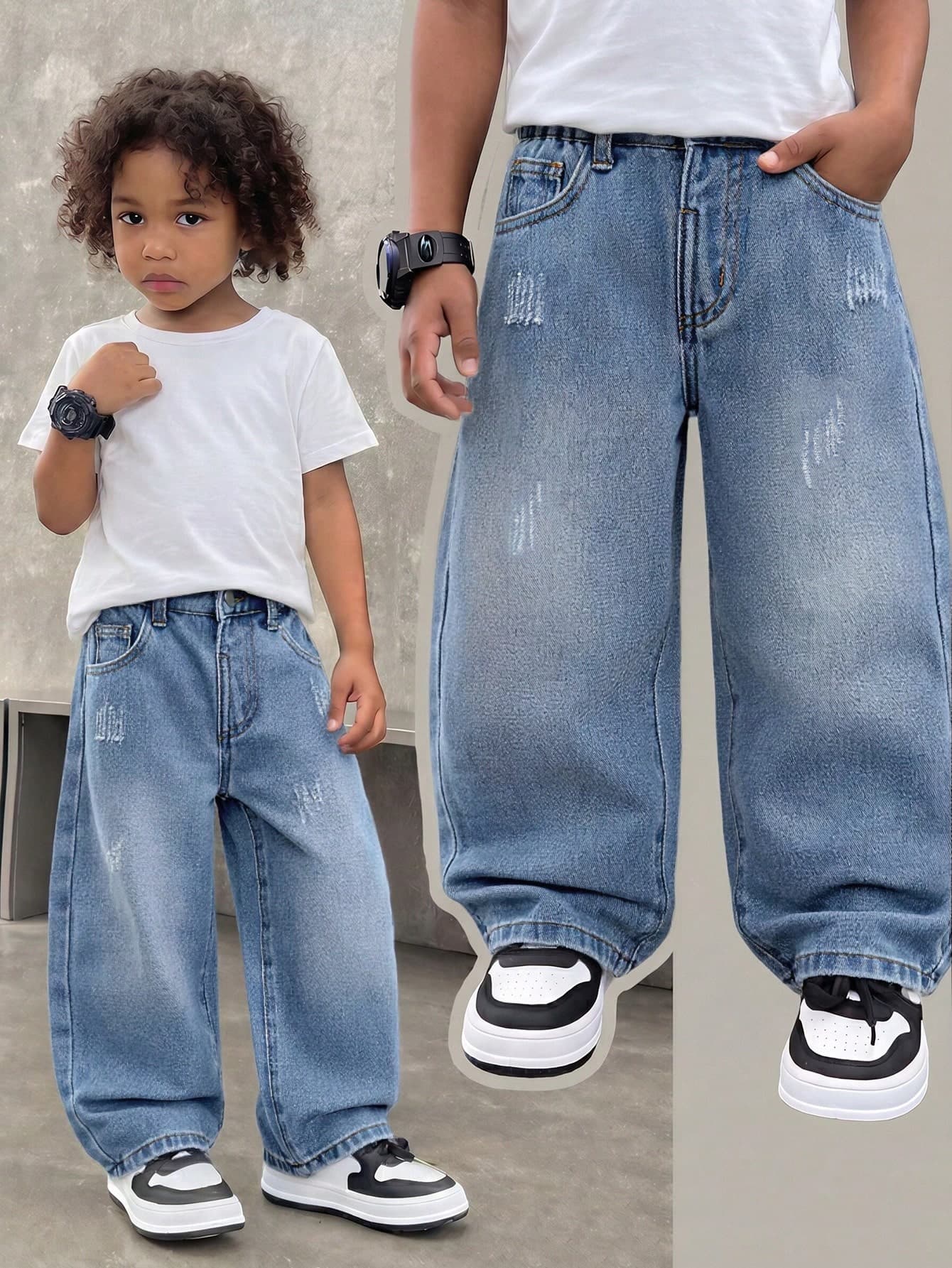 Genkimix Kids Boys' Denim Long Pants, Vintage Nostalgic Washed Blue, Non-Stretch Denim Fabric, Classic Waistband With Button Design, Distressed And Faded Treatment, Curved Leg Style, Suitable For Casual, Street Style, All Seasons, Daily School, Outdoor Play, Family Outings And Other Occasions