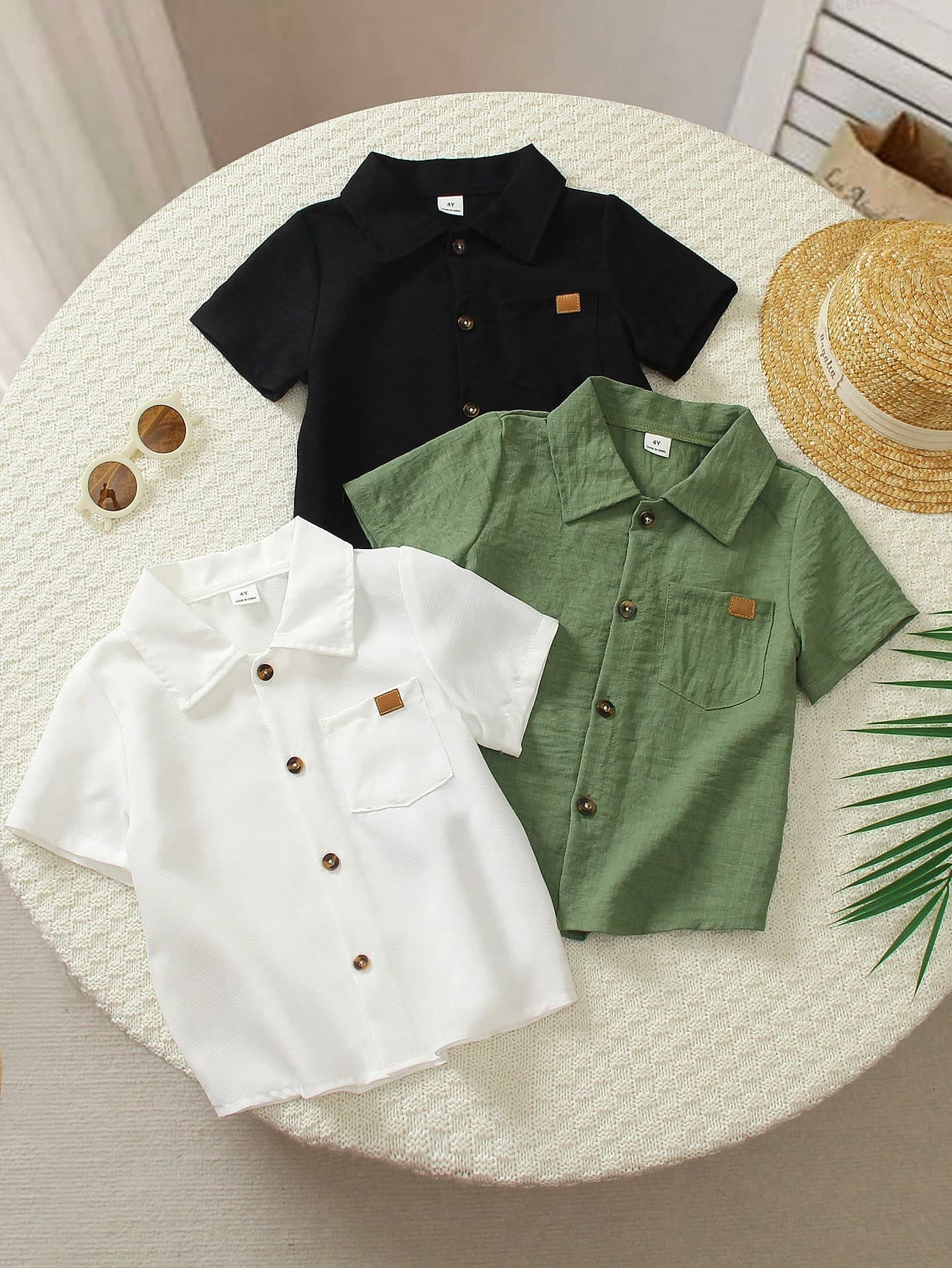SHEIN Genkimix Kids 3pcs Young Boy Classic Preppy Short Sleeve Shirts, Army Green, White And Black, With Same Color Fabric Label On Collar, Exquisite Details, Very Versatile, Suitable For Daily Home, Outdoor Wear, Outings, Back To School