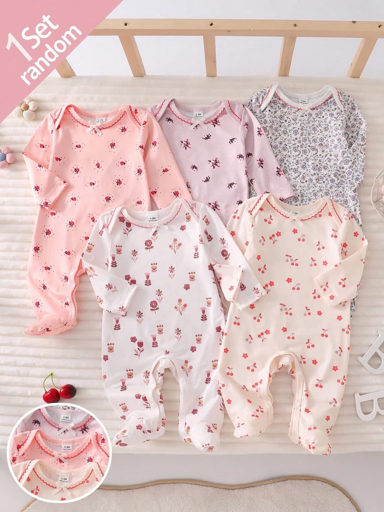 [Random 5 Sets, 1 Set Sent] Newborn 0-12 Months Home Jumpsuit, Mori Style Ditsy Floral With Chain Craft Contrast Color, Fresh Style, Long Sleeve Footed, Snap Button Design, Easy To Put On And Take Off, Home Casual, Daily Outings, Spring/Summer, All Season