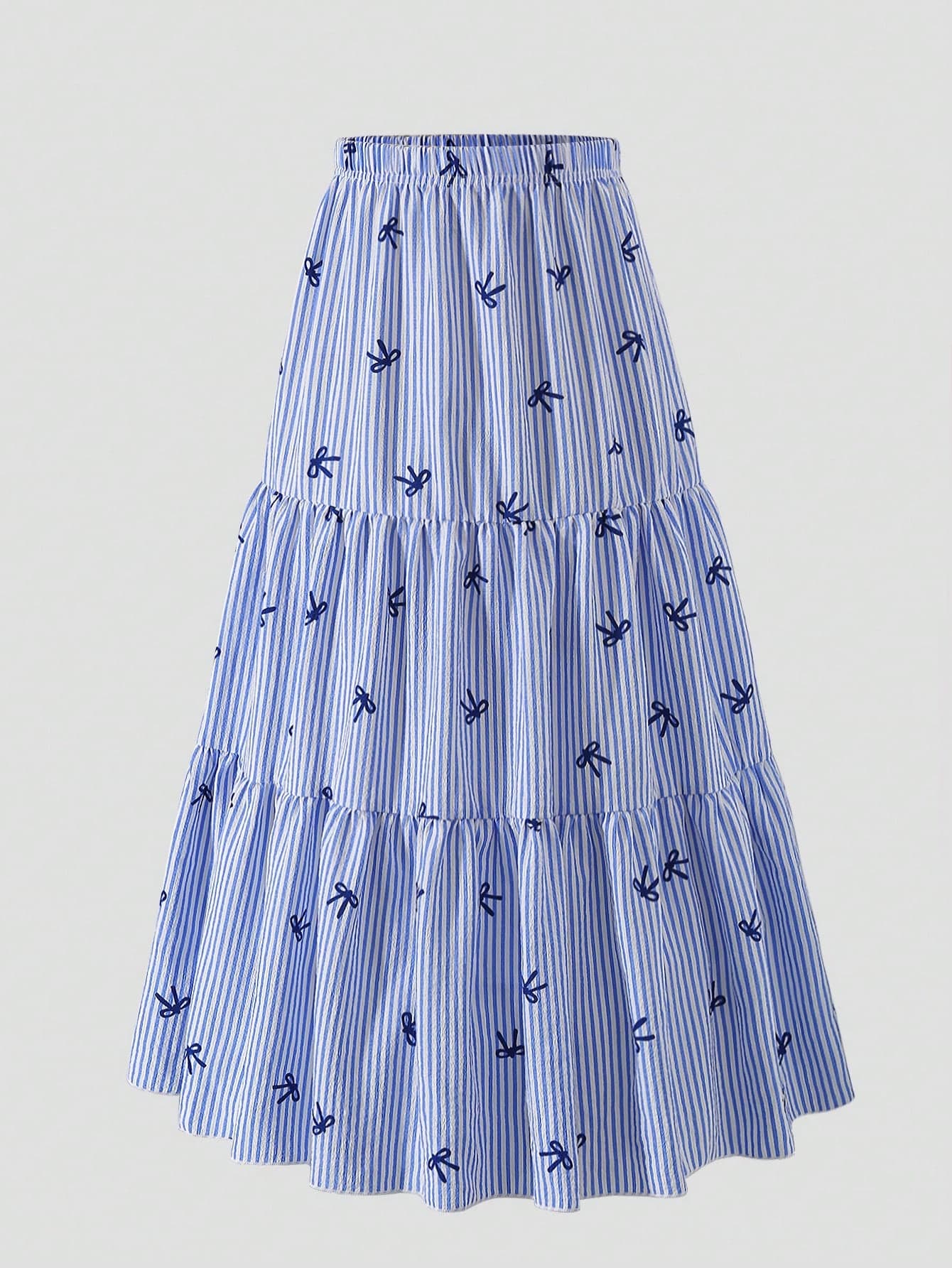 Girls' Blue Striped Woven Crinkled Skirt, Cute Bow, Unique Texture, Exquisite Details, Dynamic Pleats, Sweet Elegant, Essential For Outings