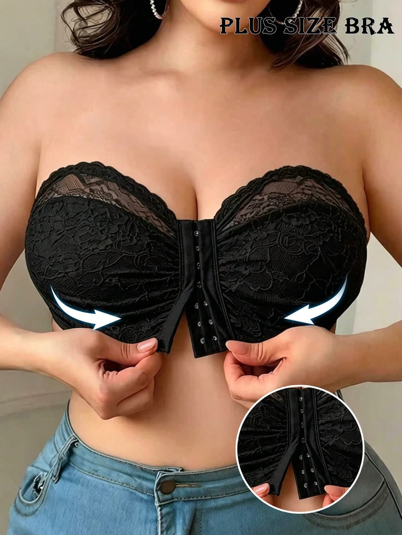 SHEIN 1pc Plus Size Women Lace Patchwork Front Closure Lace Bra