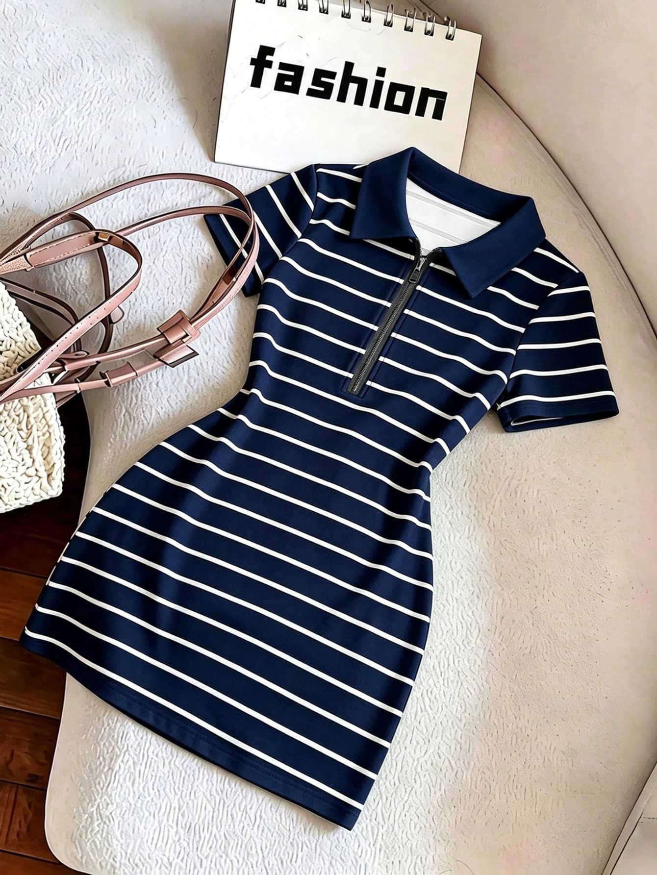 GlowEve Women's Lapel Zipper POLO Shirt T-Shirt Dress, Fitted Vintage Striped Dress, Summer Dress, Striped Casual Outing Leisure Sports Elegant Youthful Versatile Short Dress, Suitable For Western Theme Cruise, Holiday Celebration, Beach Vacation, Music Festival, Bohemian Style Vacation, Back To School Season, Easter, Wedding, Teacher's Day, Mother's Day, Suitable For All Seasons, Women's Beach Club Outfit, Havana Night Out, Beach Dinner And Other Occasions Sexy Vacation Outfit Fashion Item