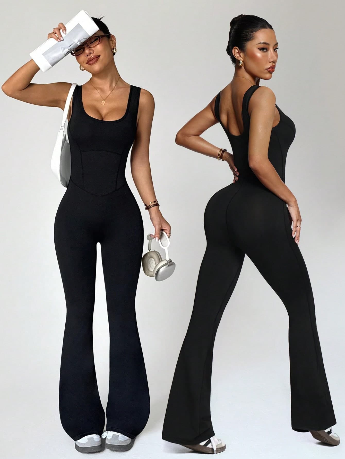 Dewbera Dewbera Plain Black Sleeveless Sports Unitard With Comfortable Fabric And Stylish Design Flare Jumpsuit For Women Bodycon Flared Leggings