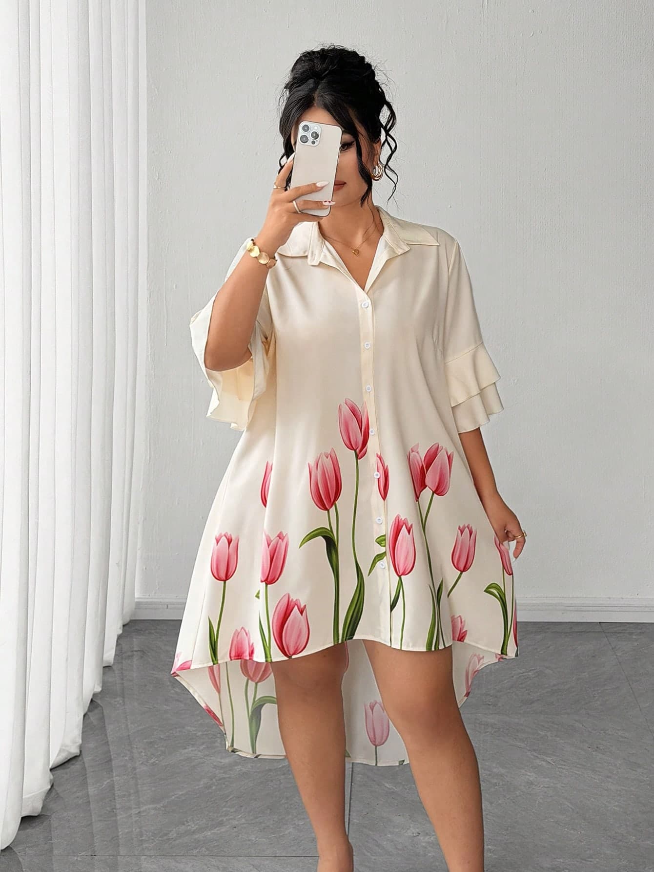 Elenzga Plus Size Women's Tulip Print Shirt Dress, Loose Casual Button-Down Ruffle Sleeve Short Sleeve Dress, Flowy A-Line Mid-Length Top, Plus Size Tulip Print Shirt Dress, Casual Button-Down Ruffle Sleeve Top, Loose Slimming Dress For Spring Flower Viewing / Tulip Field Photo, Easter, Mother's Day Brunch