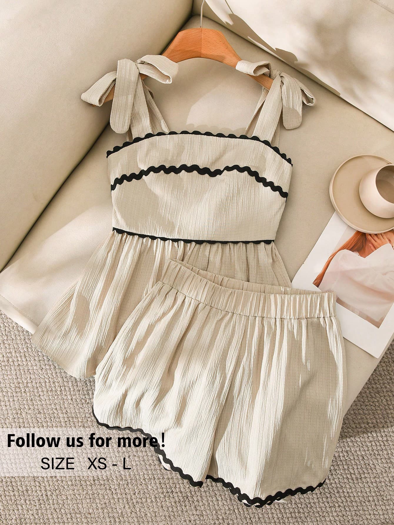 Story & Sage Women's 2-Piece Black Summer Elegant Cute Fringe Holiday Vacation Holiday Set,Tie-Front Bowknot Camisole Top Contrast Ruffle Shorts, Outfits Vacation