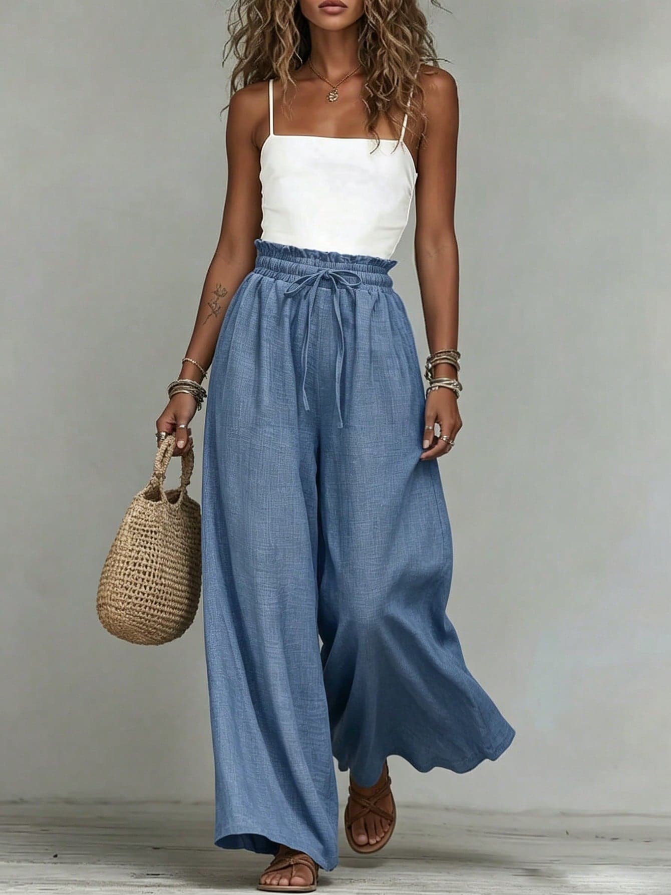 SHEIN Dark Blue Summer Boho Vacation Holiday French Chambray Wide Leg Pants,High Waist Drawstring Elastic Loose Fit Casual Trousers Beach Commute Slim Fit