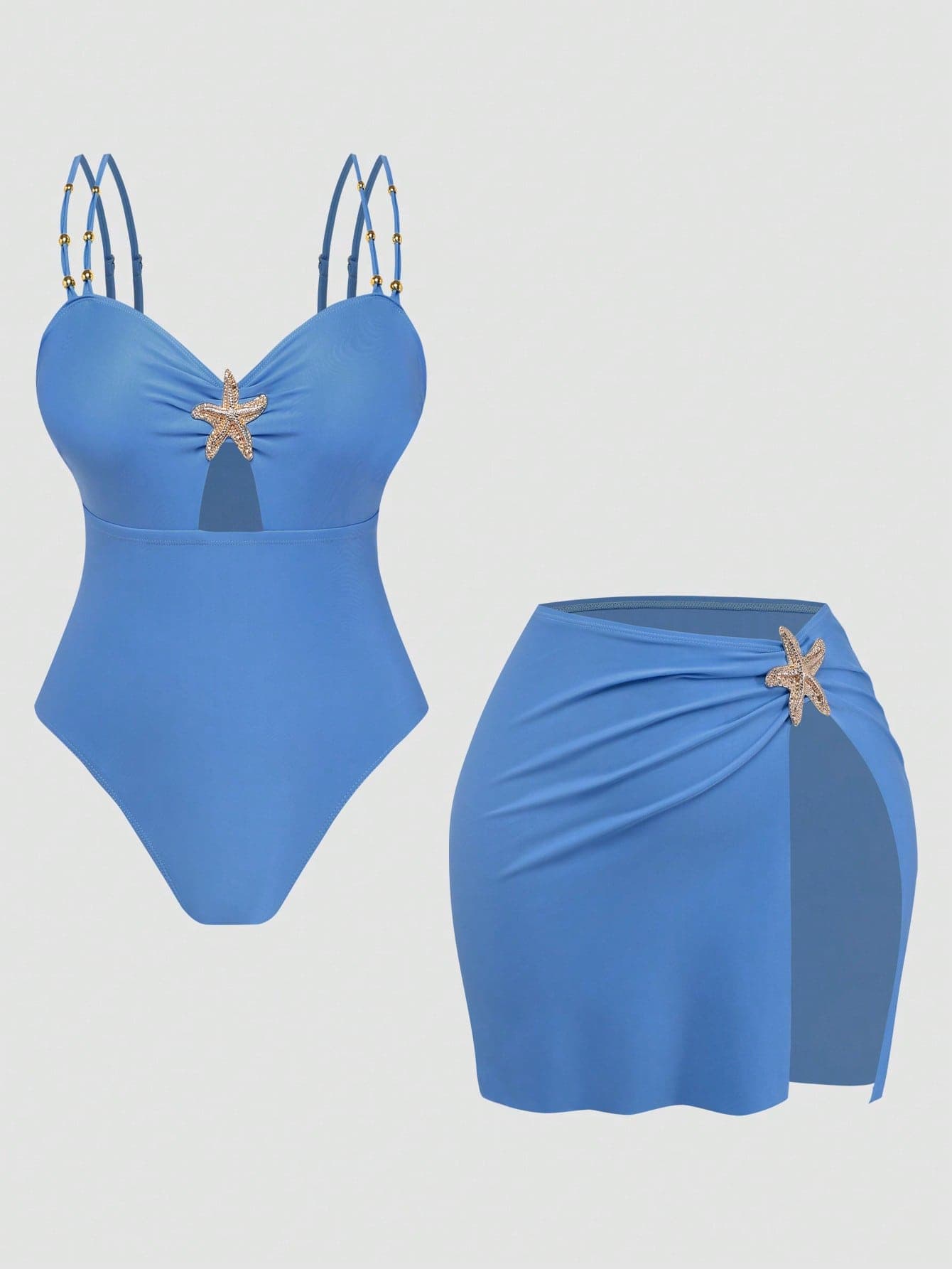 Swim Oasis 2026 New Summer Beach Vacation Women's Elegant Plus Size One-Piece Swimsuit, Women's Elegant Swimsuit Two Pieces Set, Beaded Elegant Decor Double Shoulder Strap Tummy Control Slimming One-Piece Swimsuit + Versatile Vacation Split Skirt, Brown Swimsuit, Vacation Starfish Swimsuit