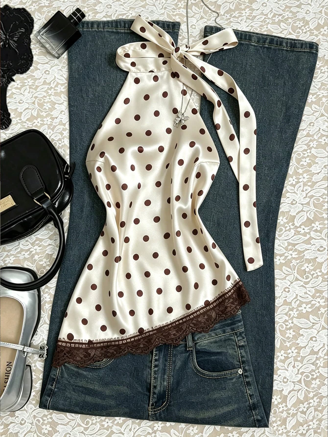 Elamini Elegant French Retro Polka Dot Fabric Halter Backless Sexy Chic Minimalist Versatile Summer Blouse For Women