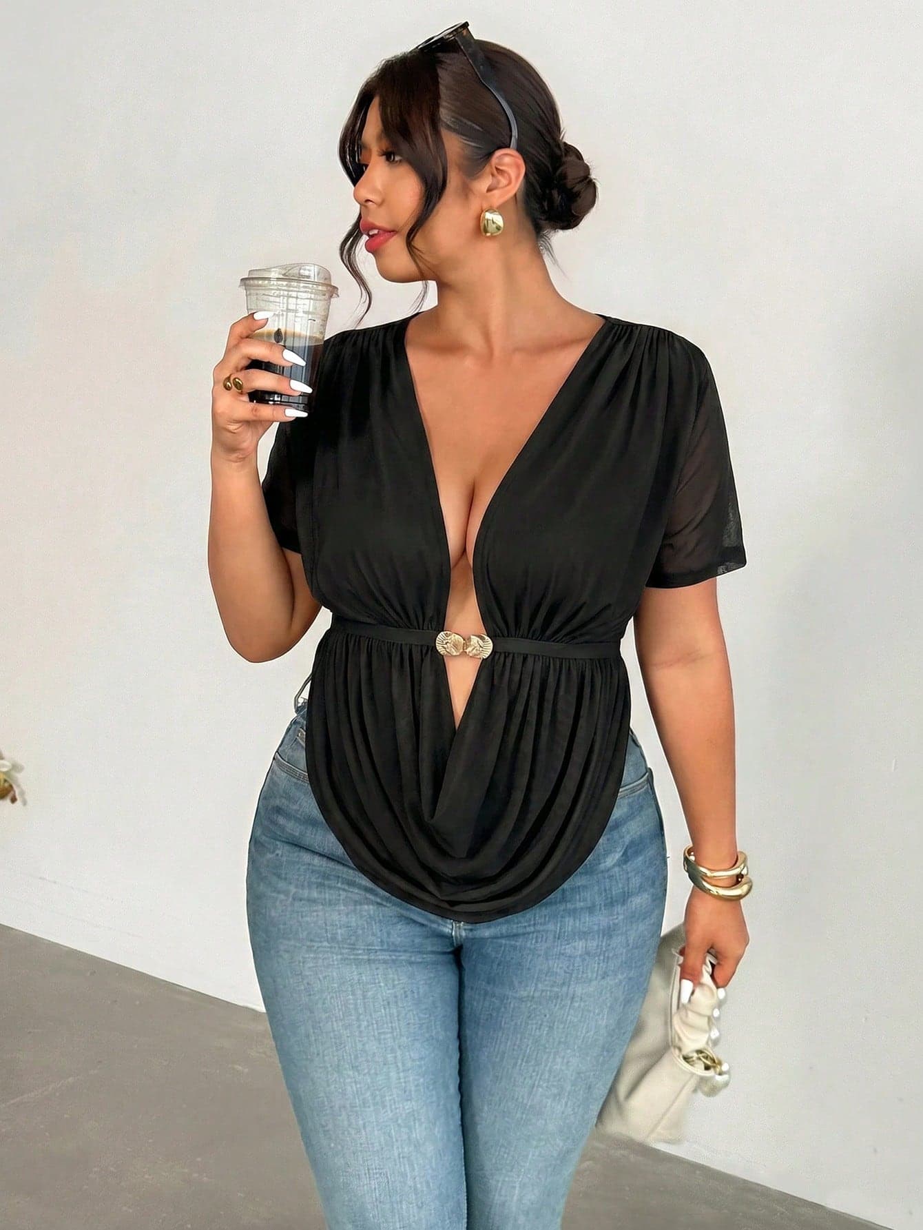 Firerie Plus Size Spring/Summer New Comfortable Casual Elegant Beach Cowl Neck Sexy Deep V Metal Buckle Decor Split Draped Sleeveless Stretch Women's Top