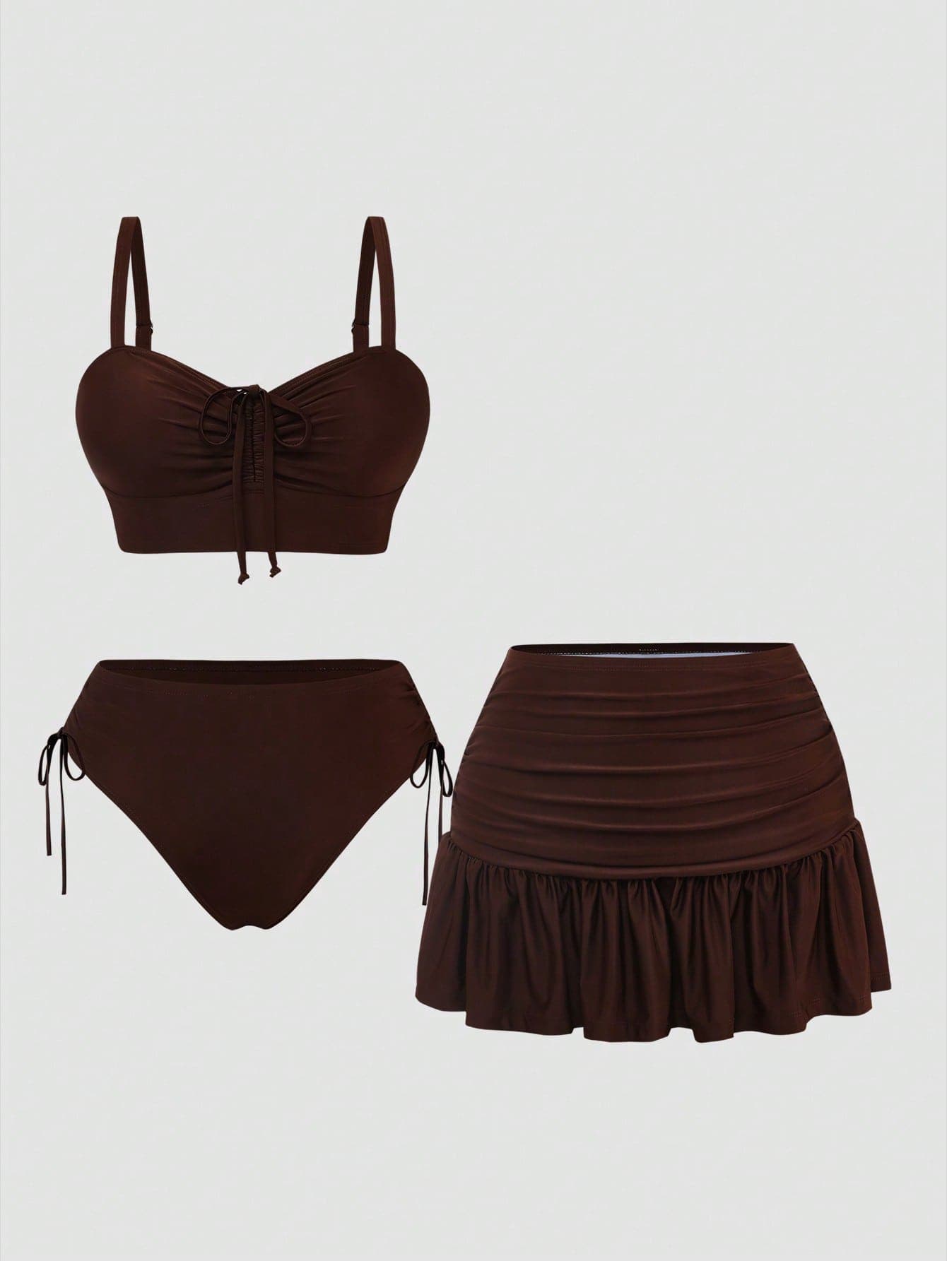 Sweetra Plus Size Women's Summer Beach Solid Color Front Tie Bikini Set With Cover-Up Skirt Sexy