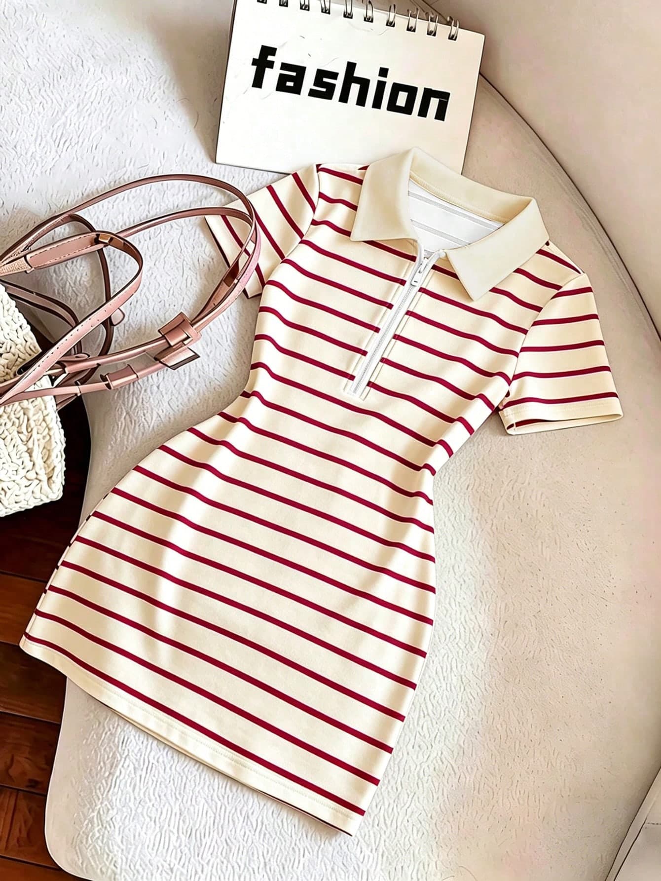 GlowEve Women's Polo Collar Zipper T-Shirt Dress, Fitted Vintage Striped Dress, Summer Dress, Striped Casual Outing Leisure Sporty Elegant Youthful Versatile Short Dress, Suitable For Western Theme Cruise, Holiday Celebration, Beach Vacation, Music Festival, Bohemian Style Vacation, Back To School Season, Easter, Wedding, Teacher's Day, Mother's Day, All Seasons, Sexy Vacation Outfit For Women To Wear At Beach Club, Havana Night, Beach Dinner And Other Occasions