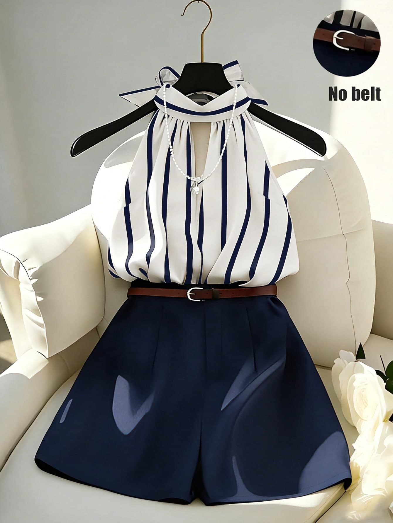 Franclia Blue & White Vertical Striped Halter Neck Backless Tank Top + Navy Wide Leg Shorts 2 Pieces Commuter Set