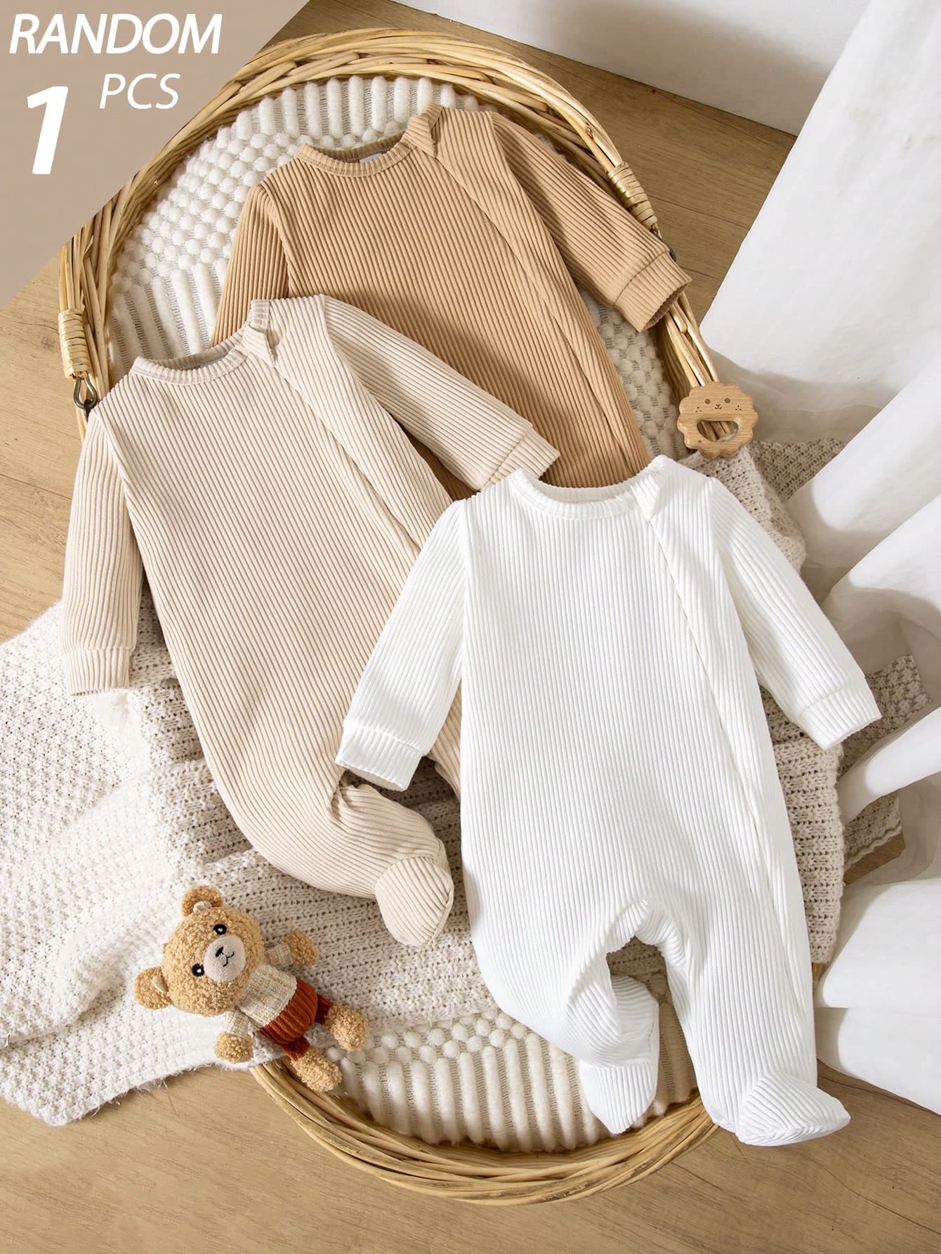SHEIN Vintaside Kids [3pcs Random 1pc]Spring/Summer Newborn Baby Boy Knit Soft Ribbed Brushed Skin-Friendly Comfortable Fabric Invisible Zipper Dopamine Color One-Piece Long Sleeve Footed Jumpsuit Casual Comfortable Bestselling Pajamas Homewear
