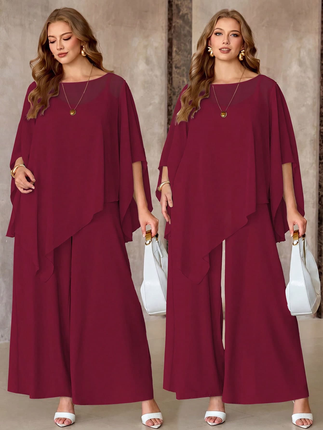 Roveilla Plus Size Woven Off-Shoulder Chiffon Ruffle Flare Sleeve Casual Traditional Elegant Asymmetrical Split Top V-Neck Jumpsuit 2pcs Set Wedding Burgundy