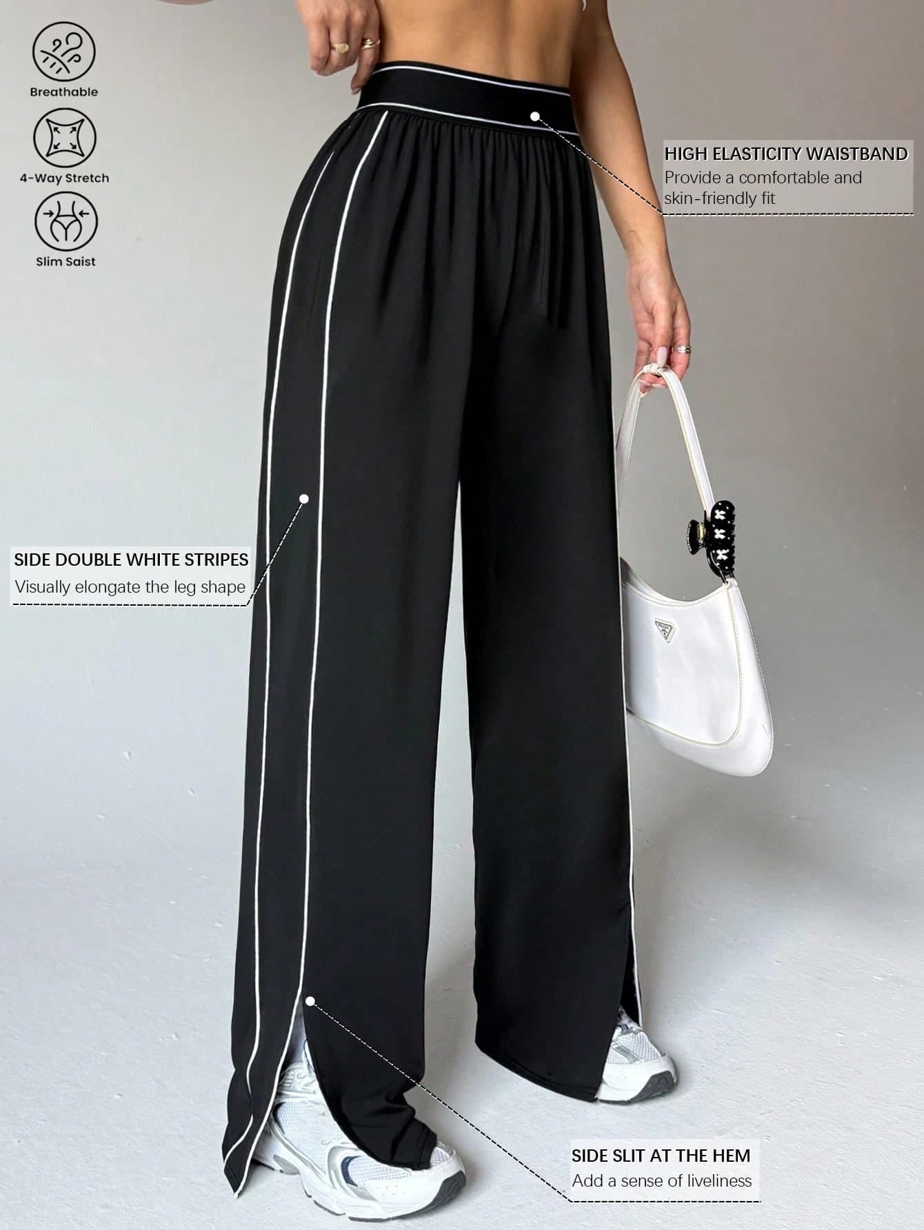 Dewbera Dewbera Women Loose Fit Straight Leg Sweatpants With Pockets,Waistband Contrast Stripe,High Stretch Elastic Waist Athleisure Wide Leg Palazzo Pants,Gym,Yoga