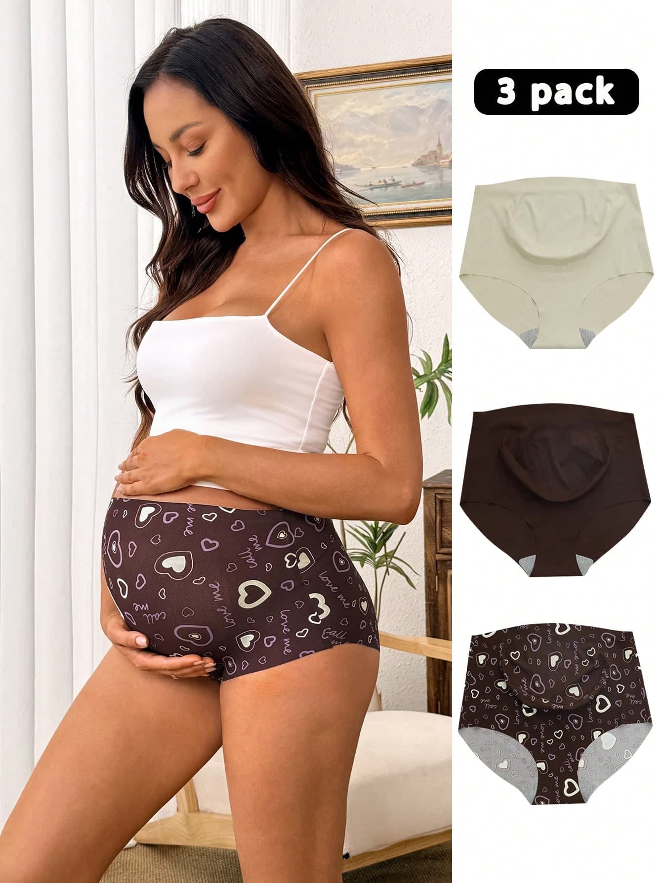 SHEIN 3pcs/Set Maternity Underwear, Solid Color And Printed Design Seamless