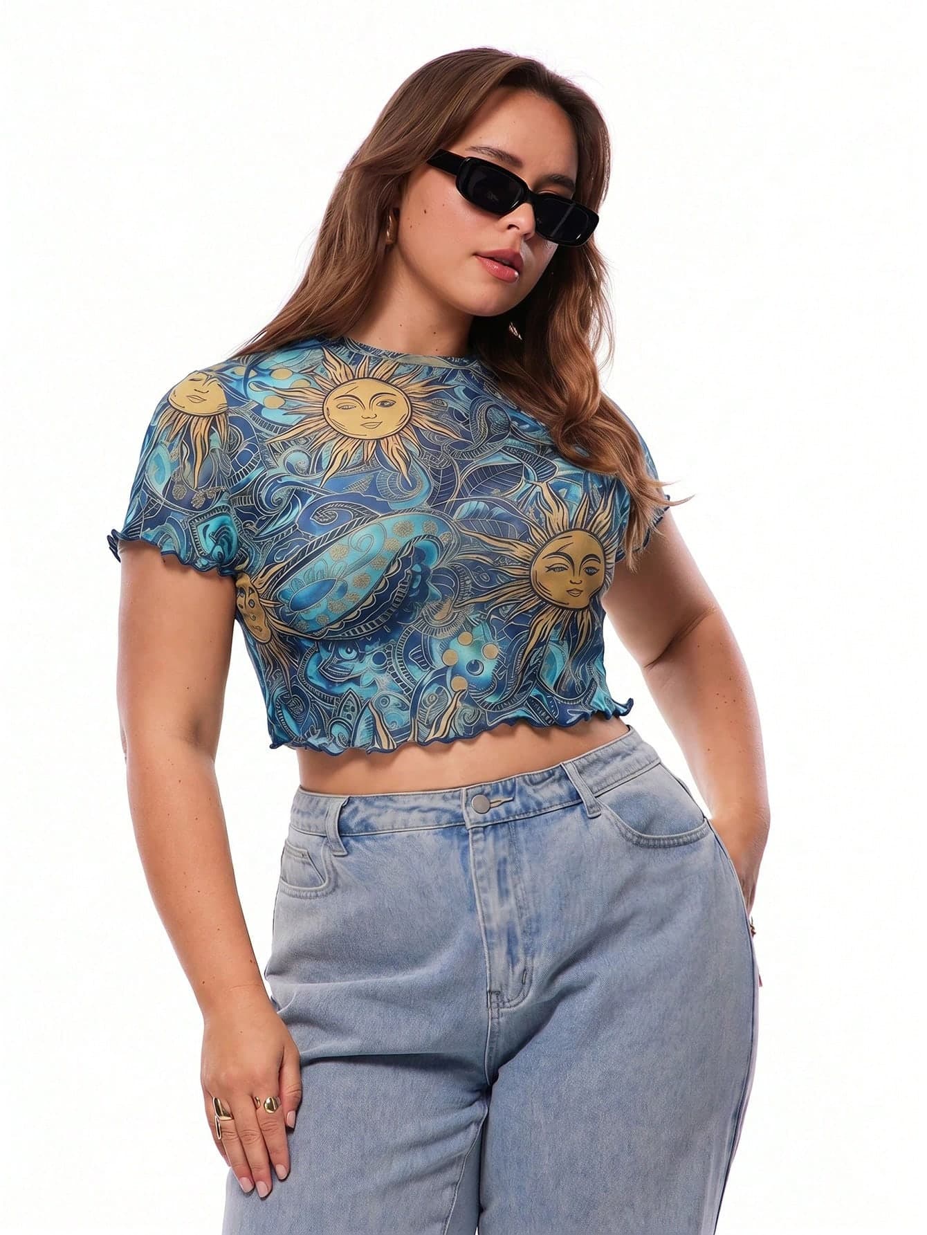 Solavibe Plus Size Women's All-Over Print Casual Versatile Daily Wear Short Sleeve Top