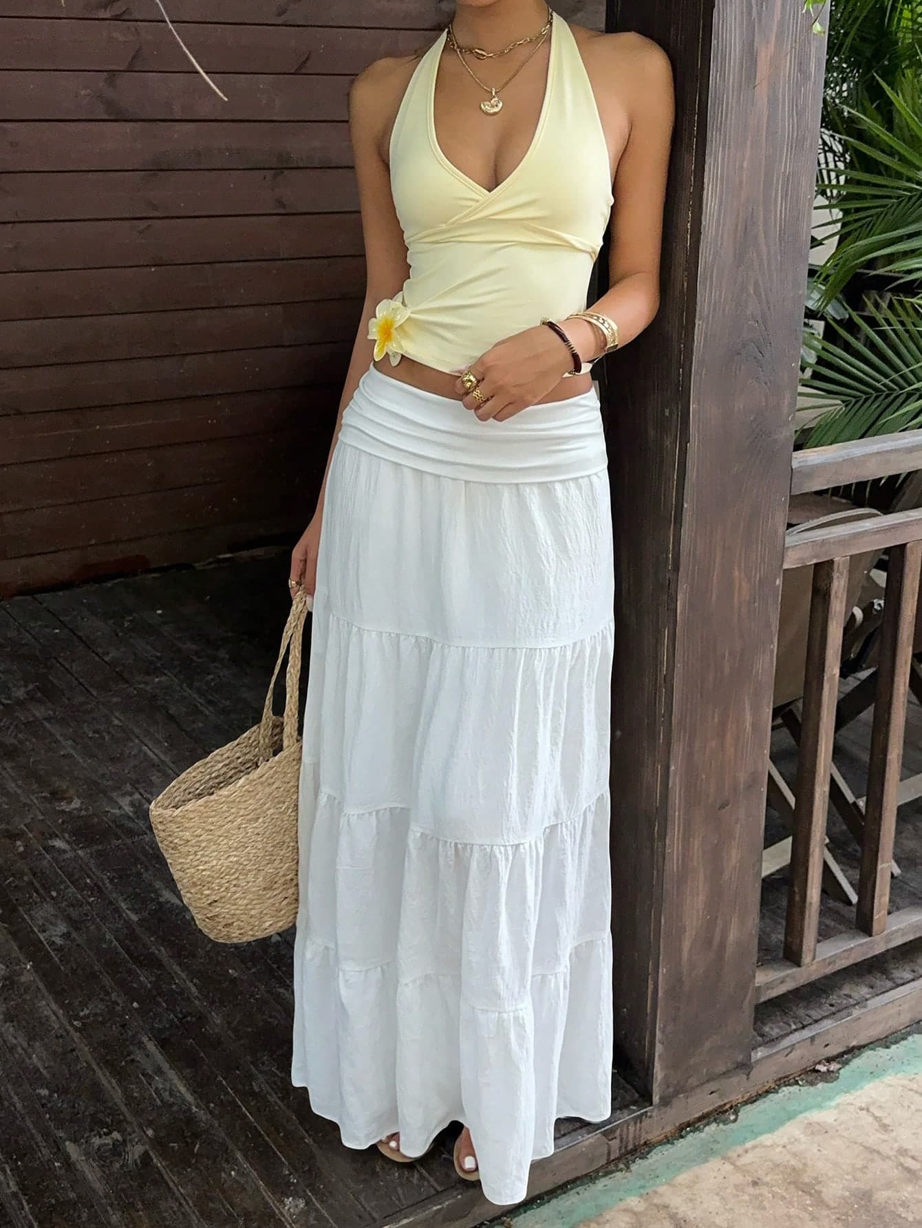 Sunnyshic Summer Fashion Design French Style Elegant Gentle Vacation Beach Outfit White Versatile Casual Multi-Layer Ruffle Cake Women's Long Skirt