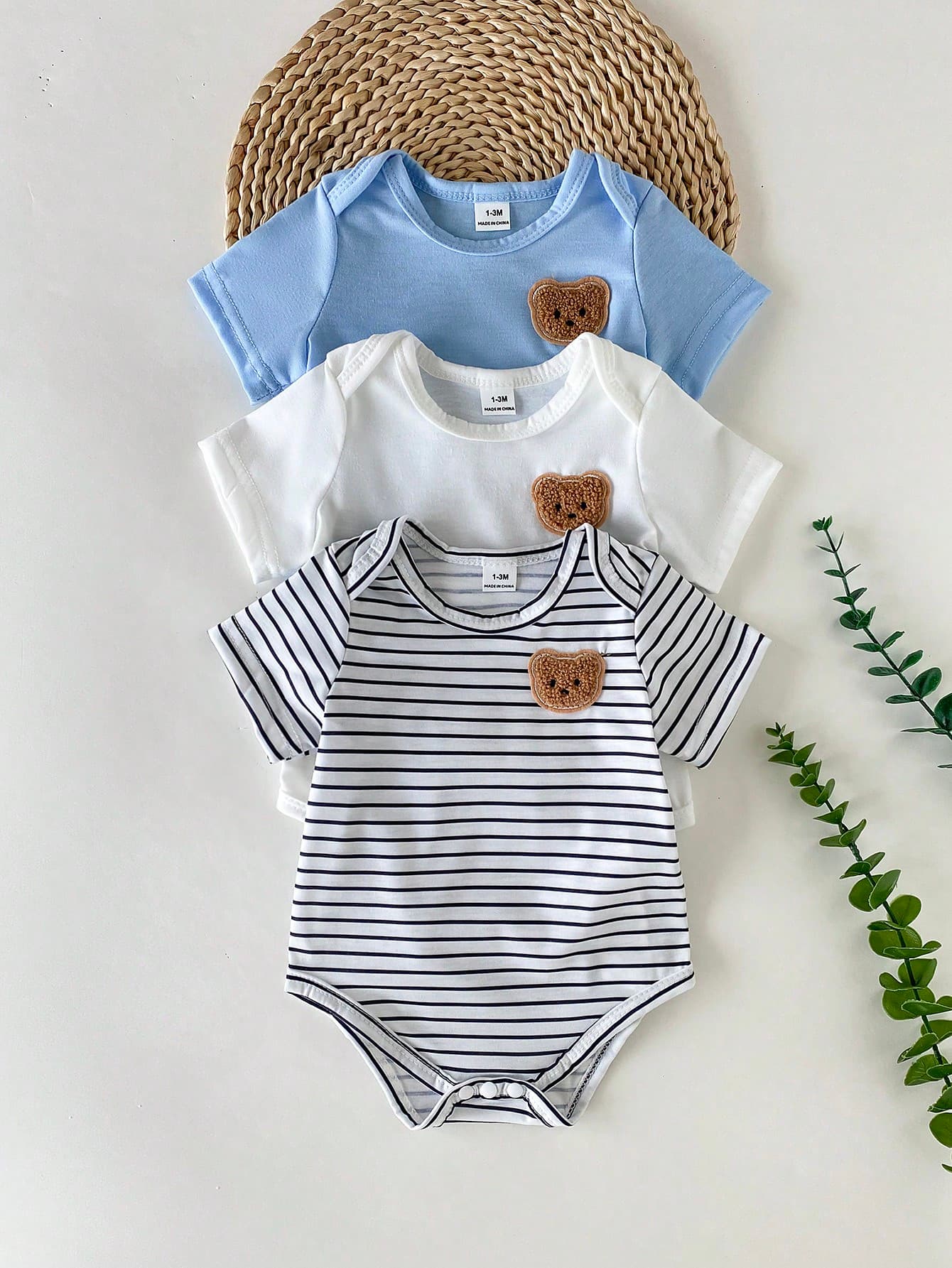 SHEIN 3pcs Newly Born Baby Boys Round Neck Short Sleeve Bamboo Texture Solid Color Striped Bear Embroidery Cute Casual Vintage Snap Button Bodysuit With Open Crotch, Suitable For Summer Daily Wear, Outings, Park And Playground