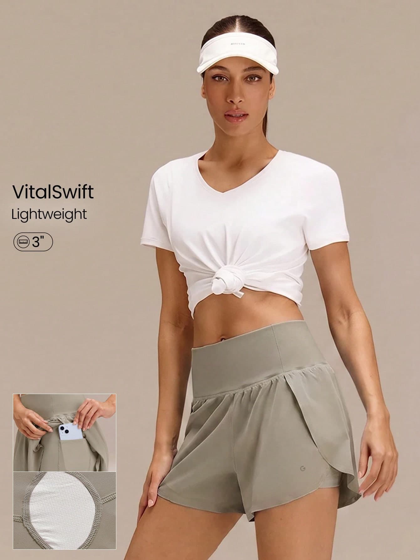 GLOWMODE 3" VitalSwift Quick-Dry Set The Pace High Slit Adjustable Drawstring Waist Shorts With Built-In Shorts Side Pockets Non-Slip Grips Medium Impact Running Jogging Training Gym Workout