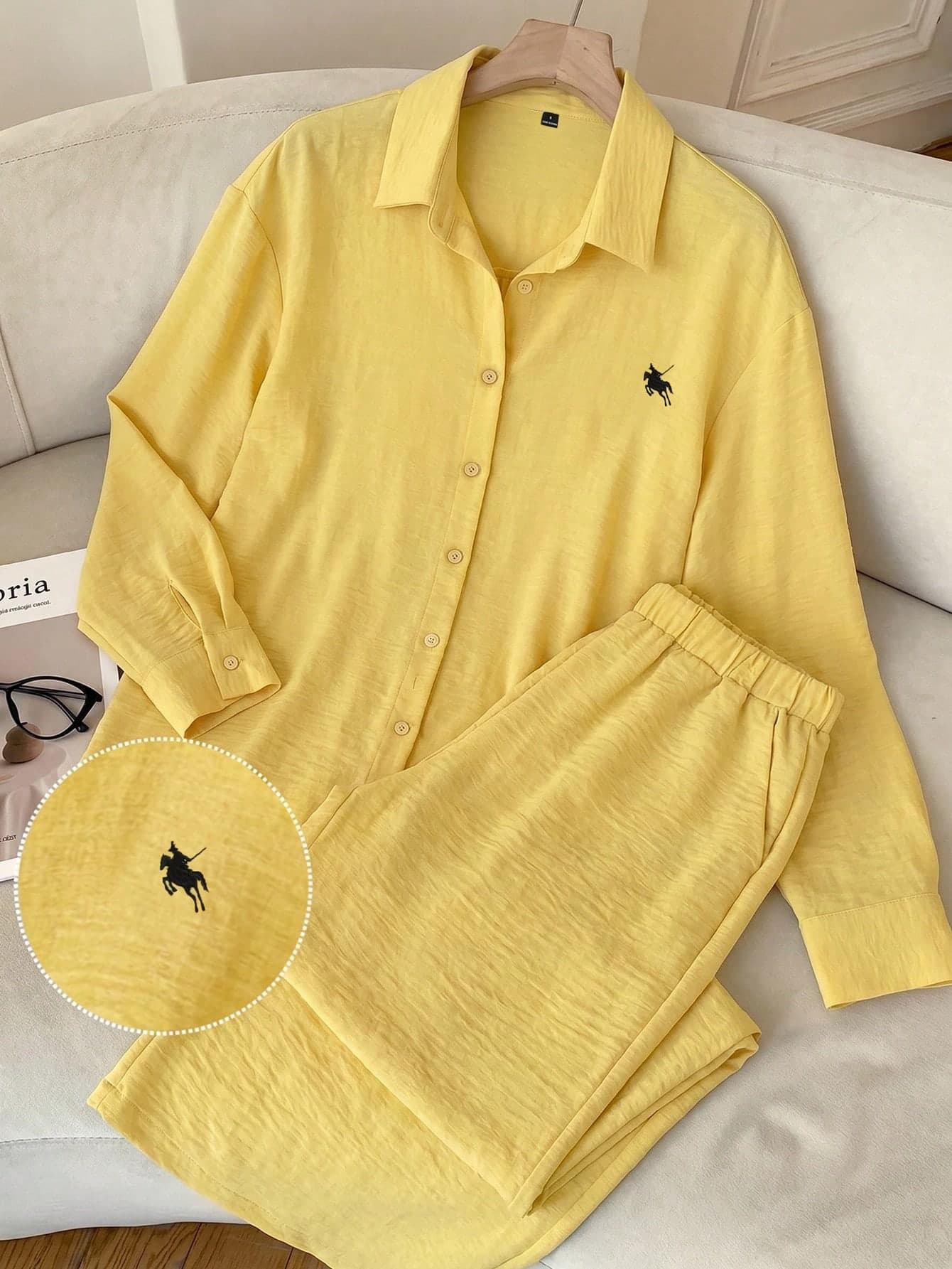 SHEIN EZwear Women's Mustard Yellow Embroidered Knight Single-Breasted Long Sleeve Shirt And Casual Pocket Pants Set,Summer Outfits For Women