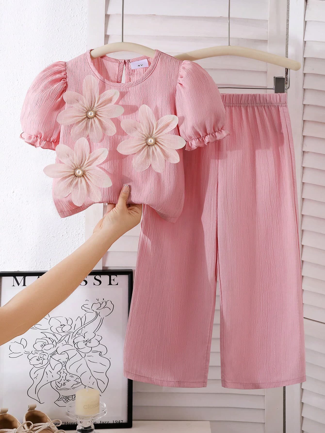 Genkimix Kids 2pcs/Set Sweet Cute 3D Floral Decor Puff Sleeve Top And Straight Leg Pants Pink Outfit, Suitable For Summer Outing, Vacation And Daily Wear Summer Dress