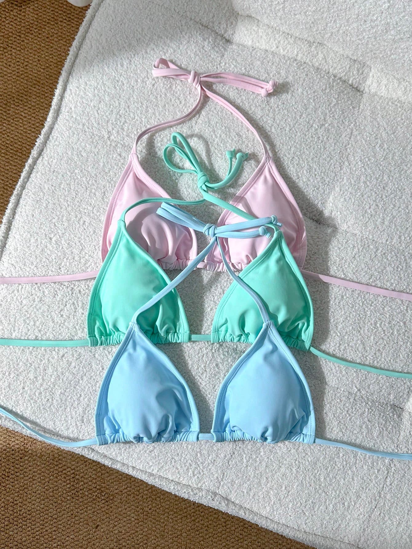 Swim Mod Women's Solid Color Halter Neck Tie Bikini Top 3pcs Set, Suitable For Summer Vacation Beach
