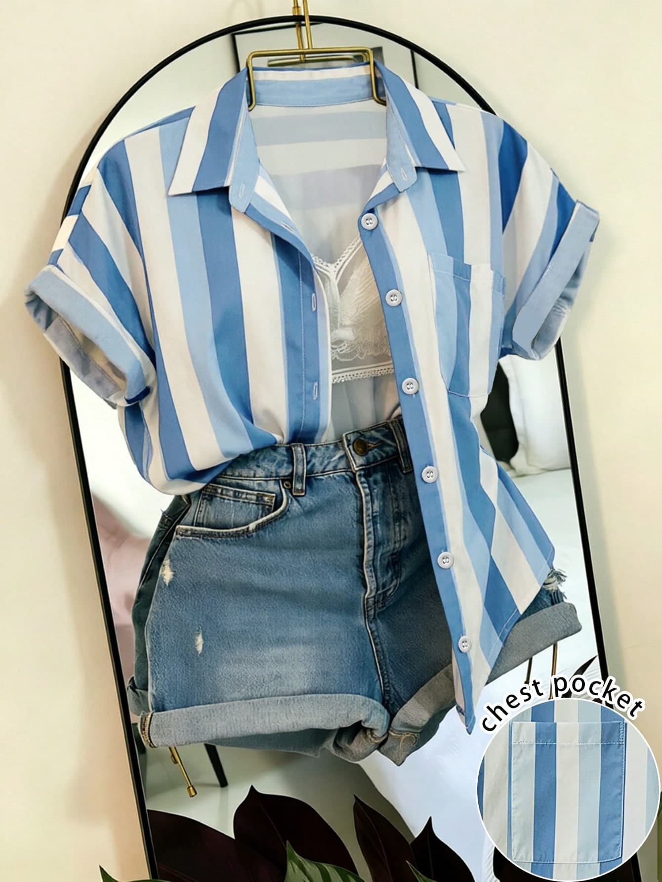 Franclia Striped Pocket Casual Vacation Shirt