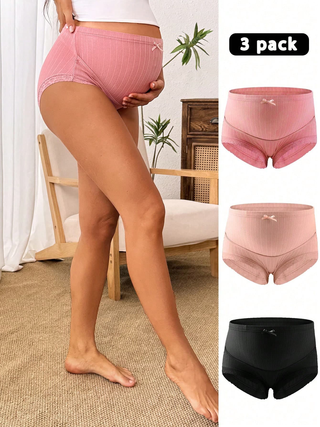 SHEIN 3pcs Maternity Solid Color Contrast Lace Bow Decorated Underwear Panties Set, Lingerie Bow Tie
