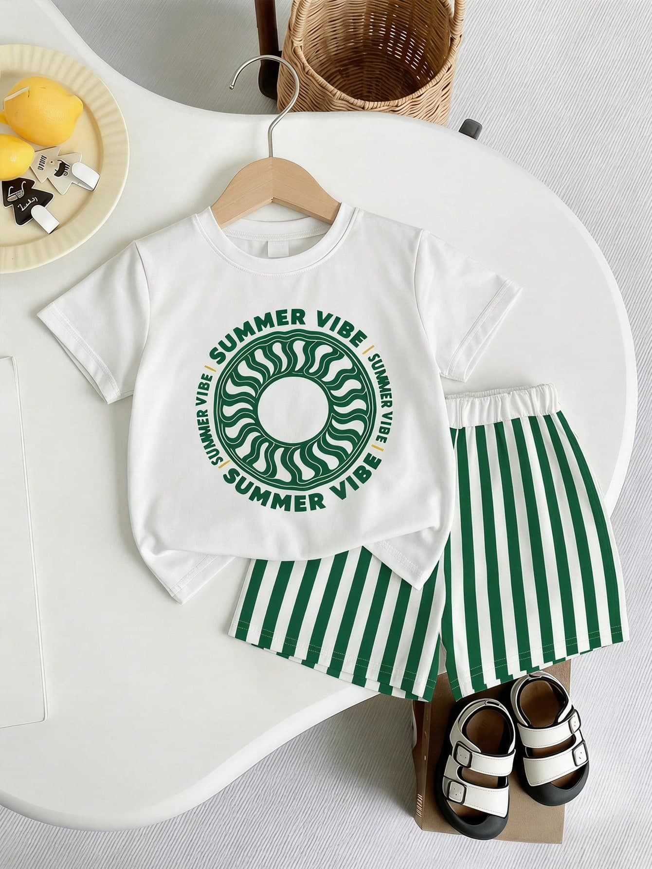 Souflis Souflis Baby Boy Summer Casual 2-Piece Outfit Set, Short Sleeve "SUMMER VIBE" Graphic Tee & Green Striped Shorts, Ideal For Daily Wear, Outdoor Play, And Family Activities