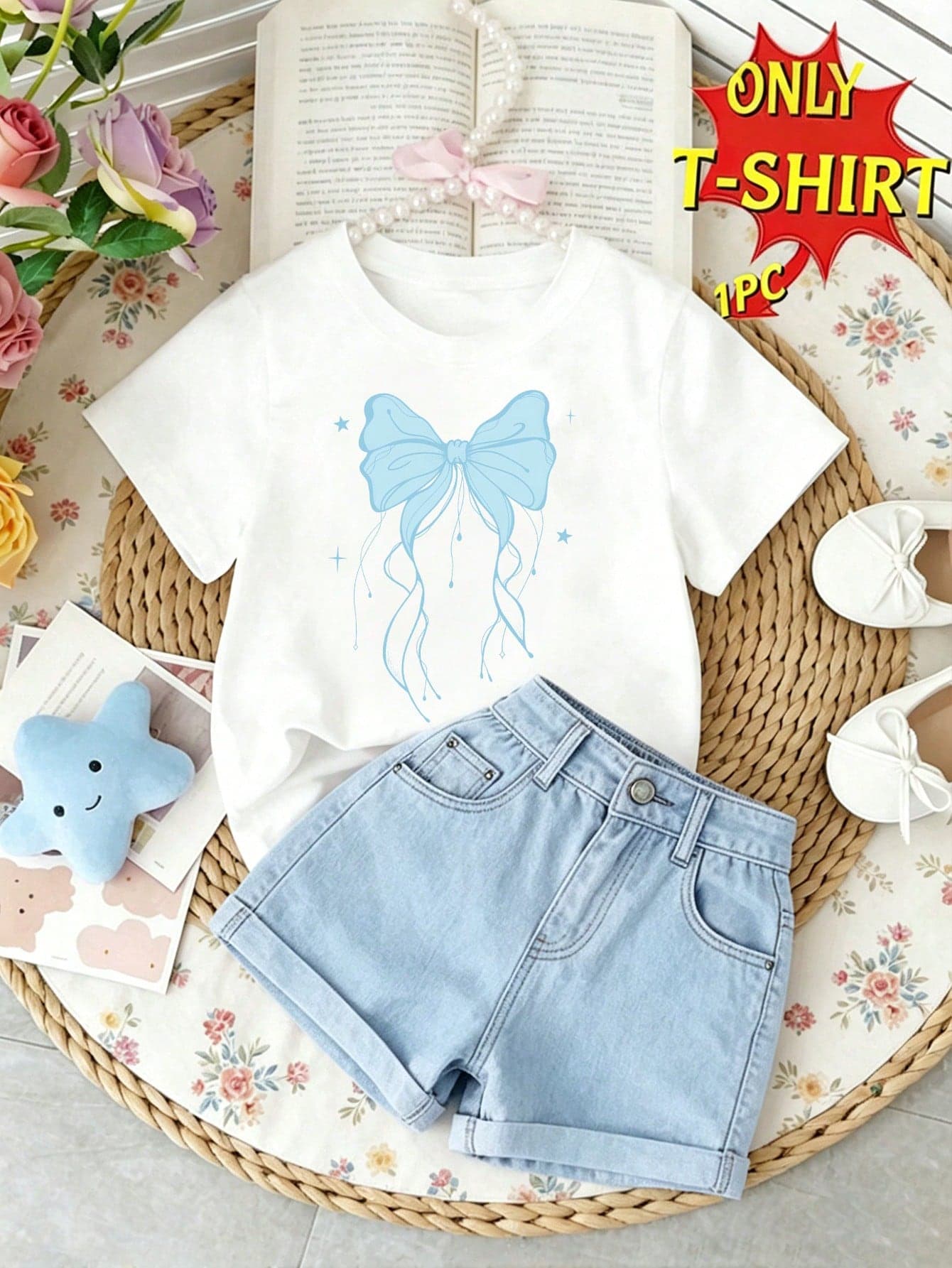 Elladie kids Spring And Summer Clothes, Spring, Summer, Autumn Girls Toddler Casual Fashion Creative Personalized Refreshing Fresh Minimalist Cute Kawaii Cartoon Blue Bow Love Pattern Print Casual Style Basic Short T-Shirt, Comfortable Daily Wear, Cozy Summer And Fall Styles, Suitable For Spring, Summer, Autumn Girls Atmosphere Outfits, Tops