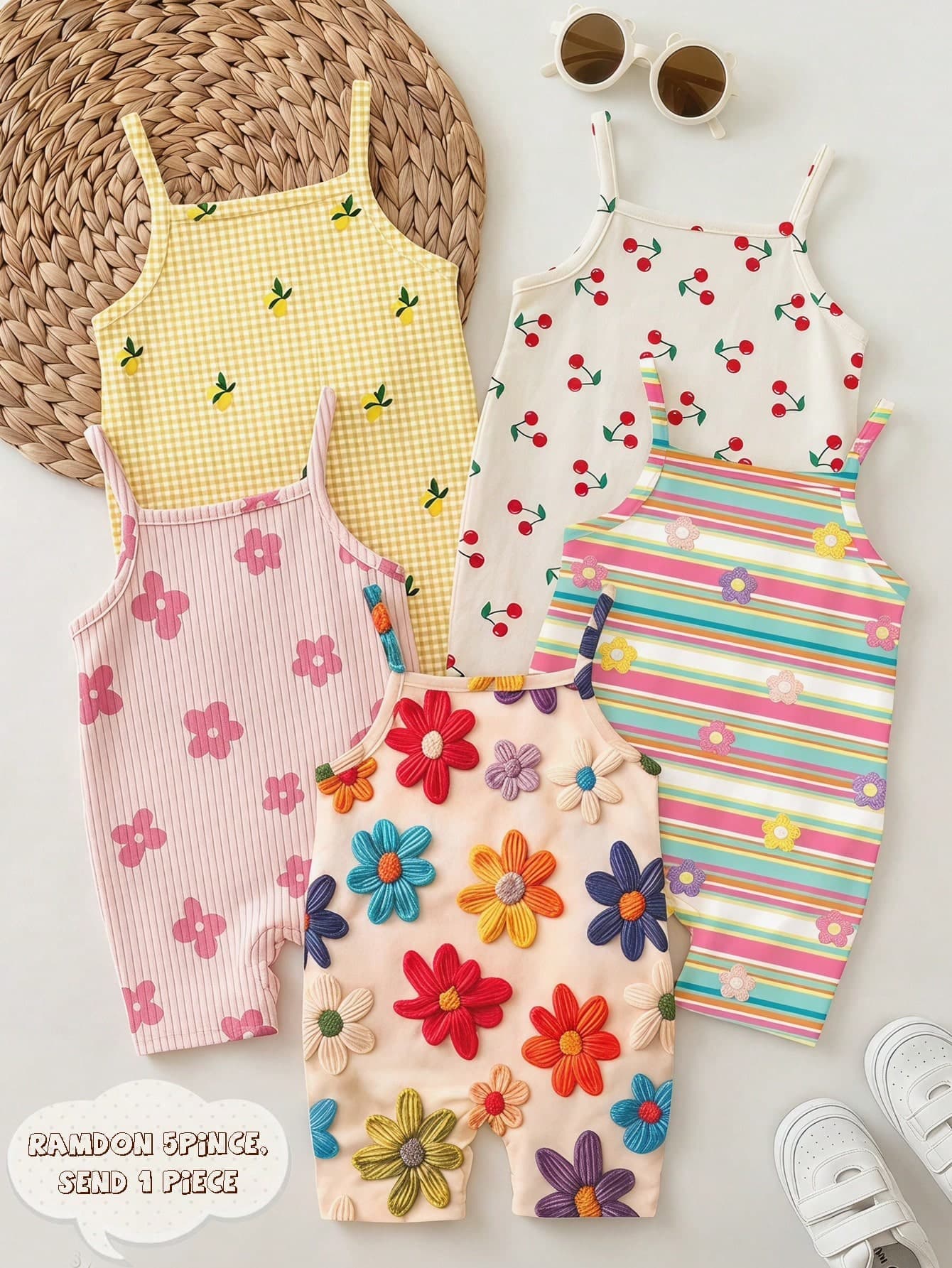 SHEIN Baby Girl Casual Minimalist Cute Fun Textured Floral Print Camisole Romper Shorts, Suitable For Spring/Summer, Blind Box, Multi-Piece Set, Graphic, Kawaii, Cozy, Vintage, Chill Chill, Y2K, Squishy