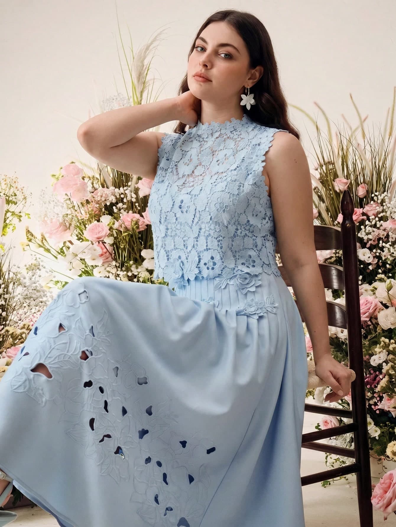 Anewsta Women's New Sleeveless Lace Pleated Flare Sky Blue Summer Dress Spring/Summer
