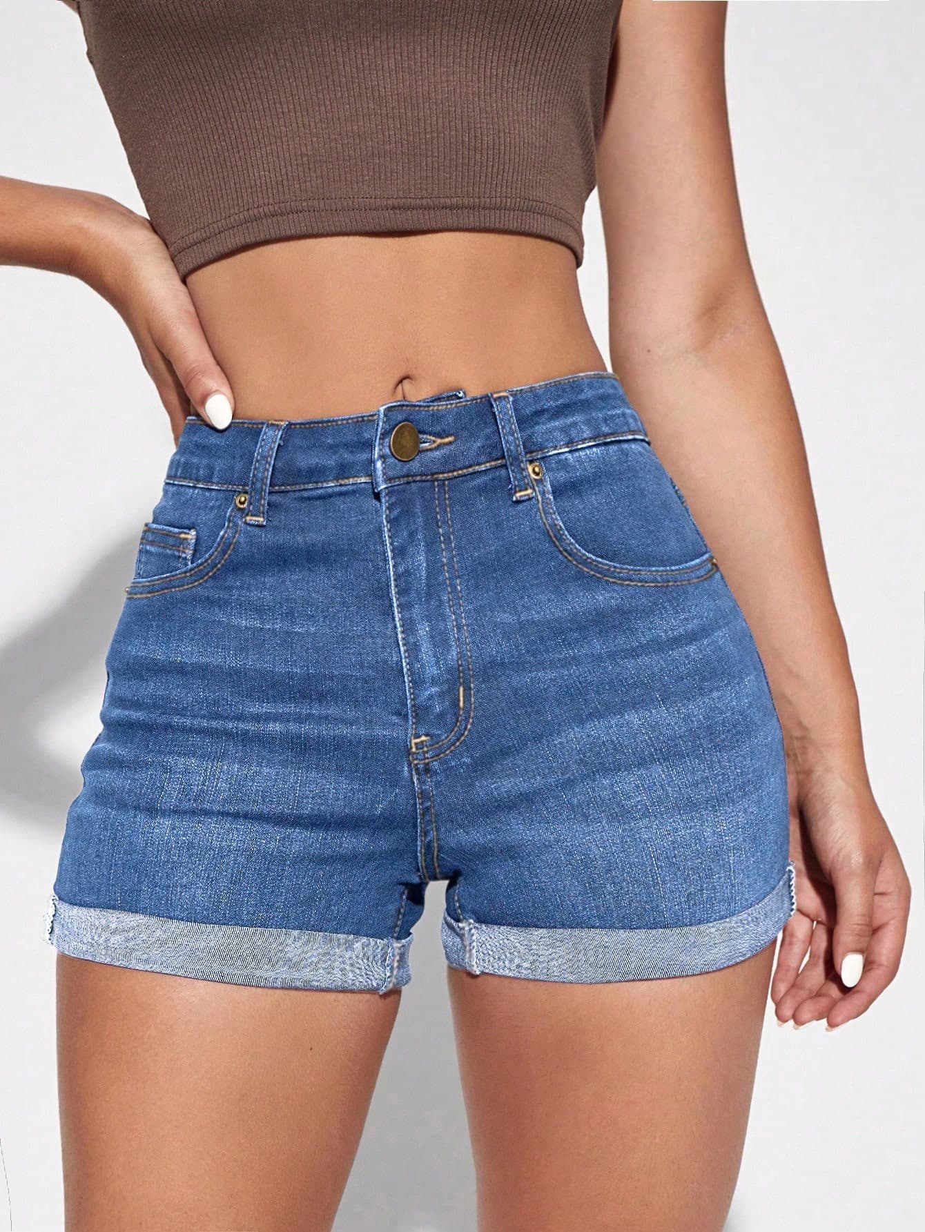 SHEIN Essnce Women's Pocket Rolled Hem Casual Versatile Denim Shorts