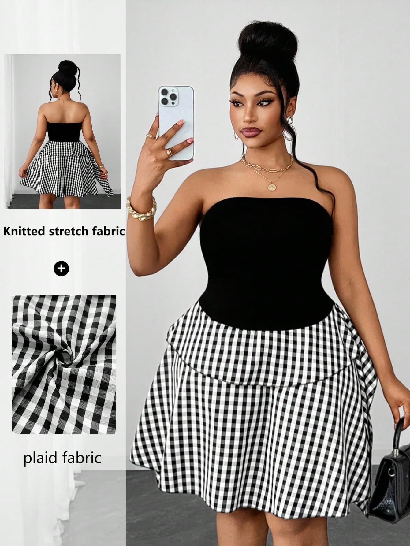 Maweii Summer Plus Size Women Strapless Long Dress, Black And White Plaid Knit Patchwork, Cute Elegant Ruffled Vacation Office Retro Fashion