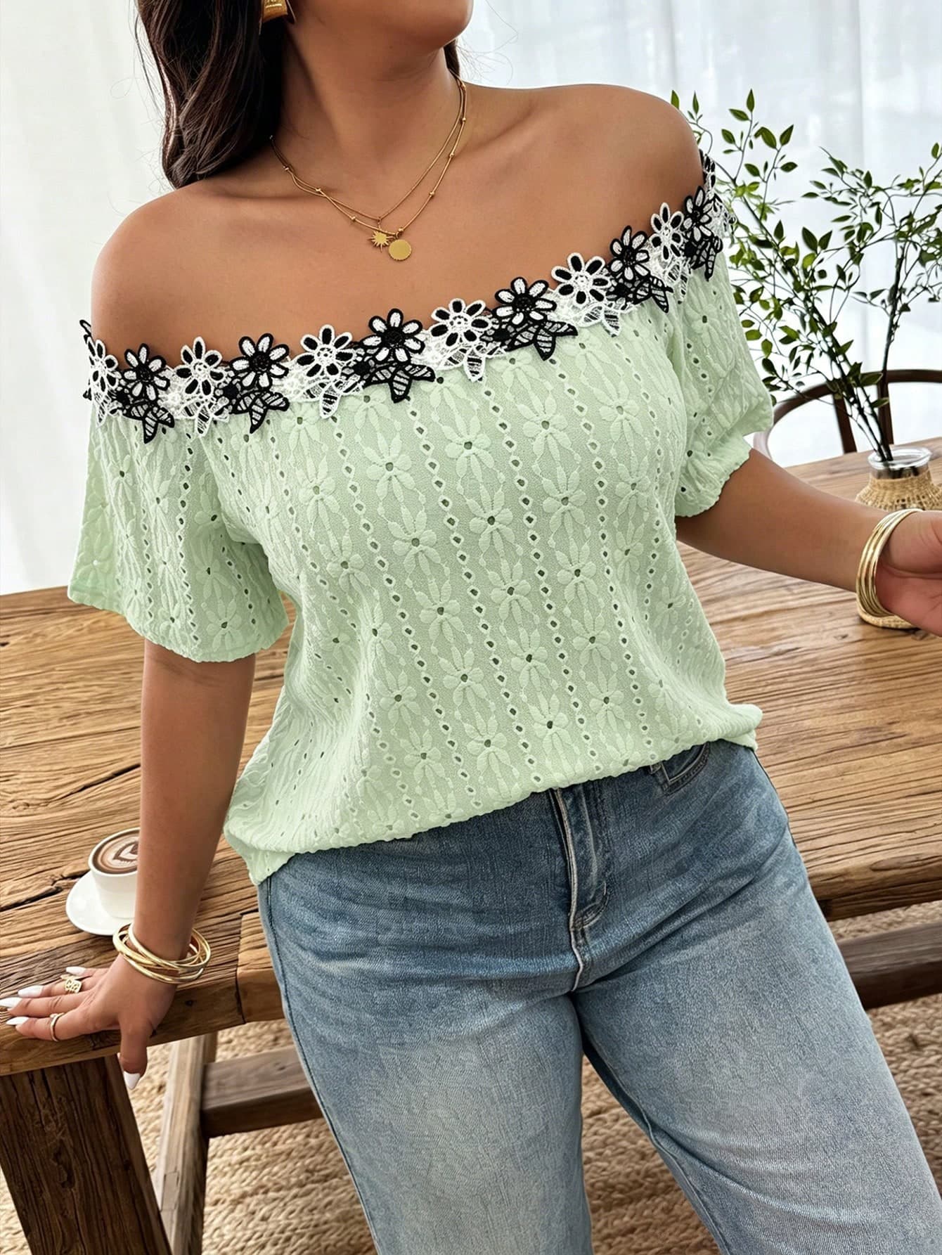 Weeklong Women's Plus Size Spring/Summer Casual Off-Shoulder Contrast Color Ruffle Trim Textured Knit Fabric T-Shirt