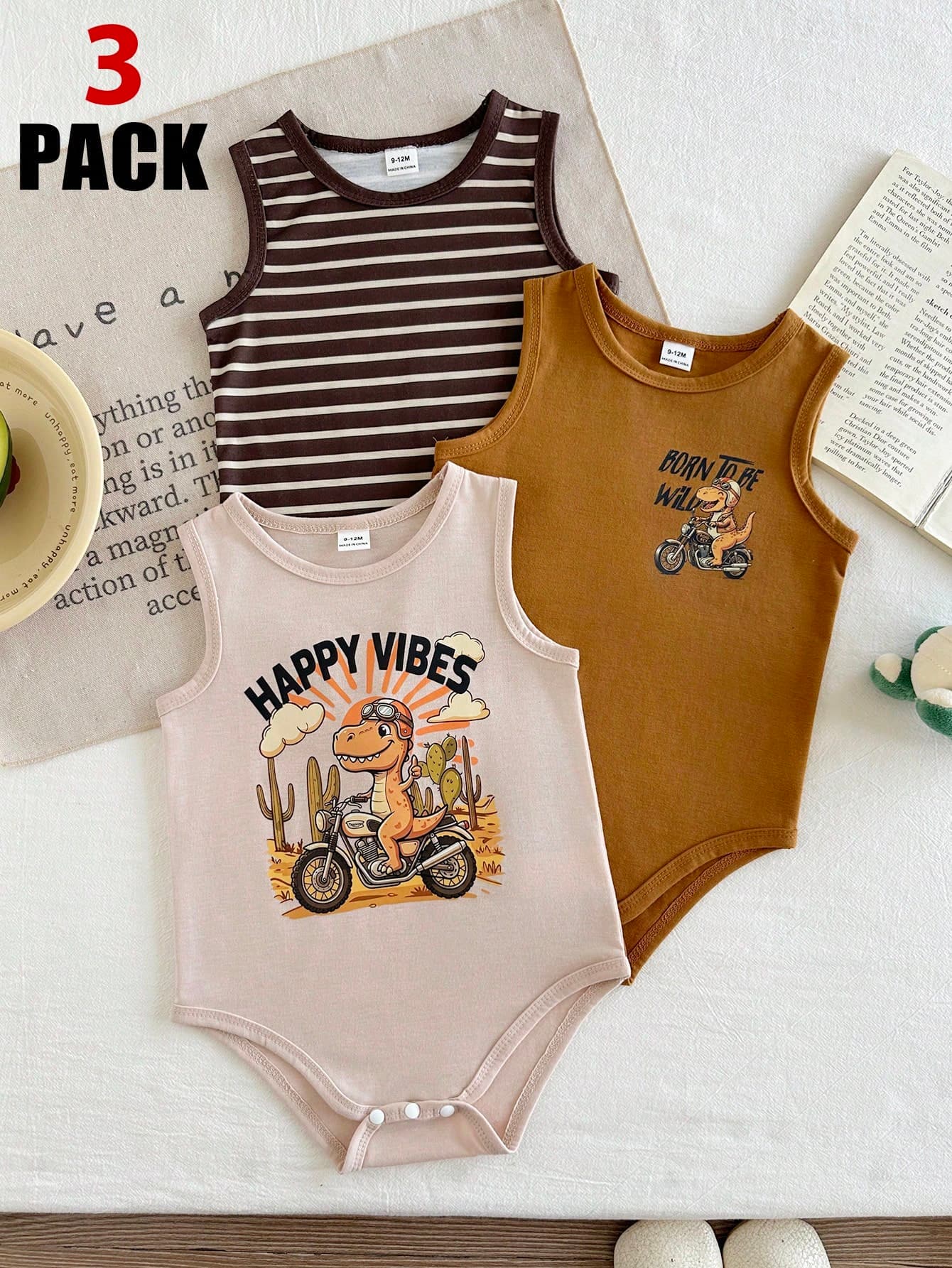 SHEIN 3pcs Baby Boy Letter Stripe Cartoon Dinosaur Print Casual Tank Top Romper