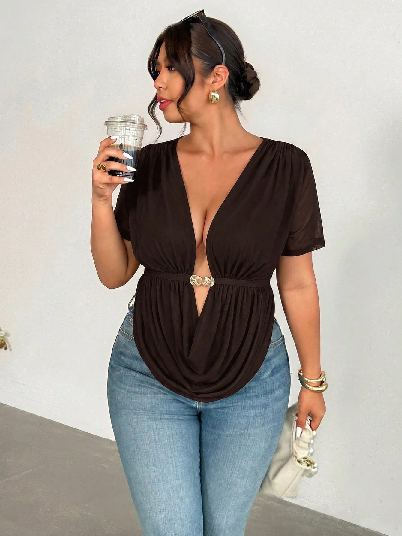 Firerie Plus Size Spring/Summer New Comfortable Casual Elegant Beach Cowl Neck Sexy Deep V Metal Buckle Decor Split Draped Sleeveless Elastic Women's Top