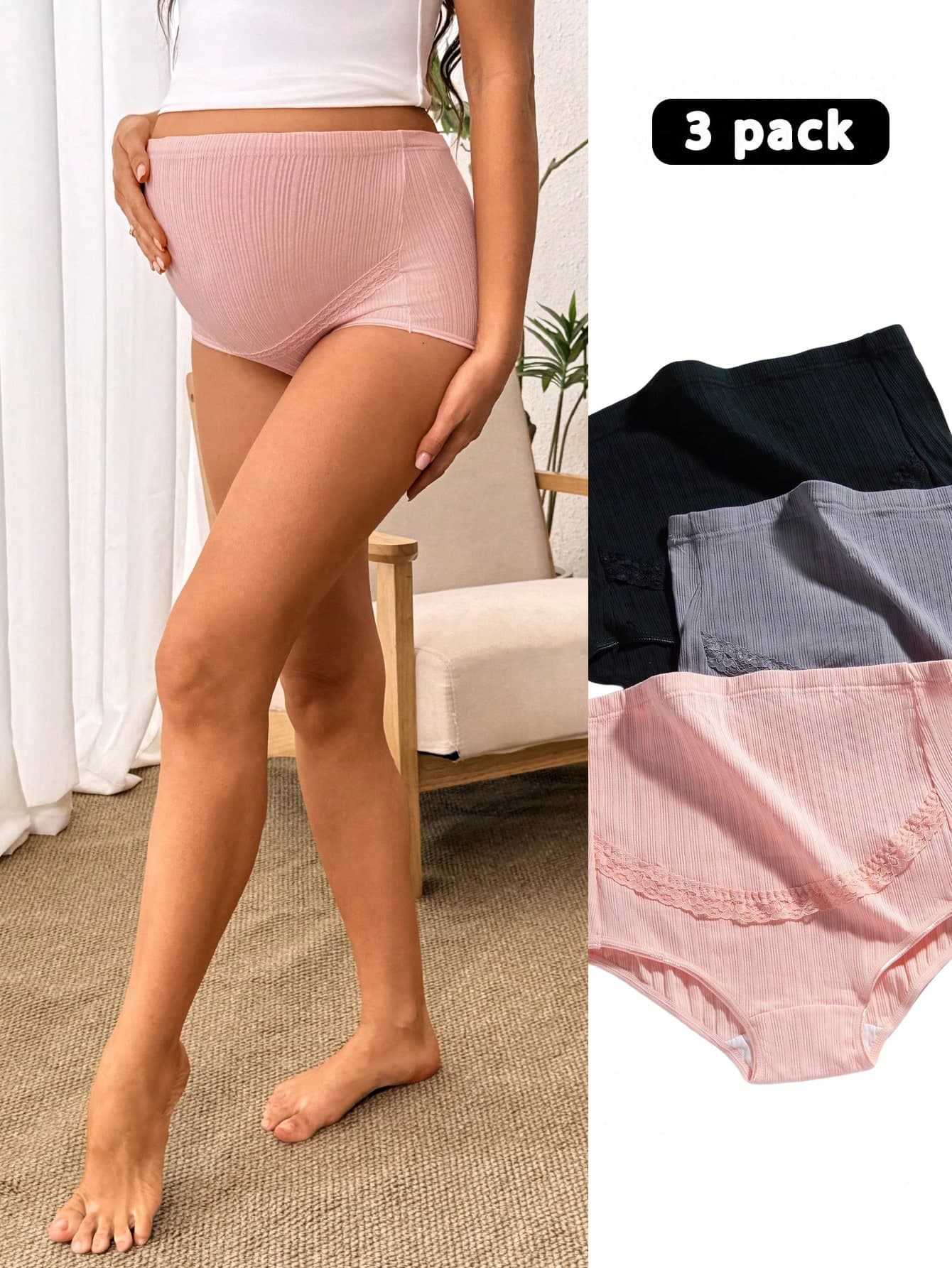 SHEIN 3pcs Maternity Solid Color Lace-Trim High-Waist Panties