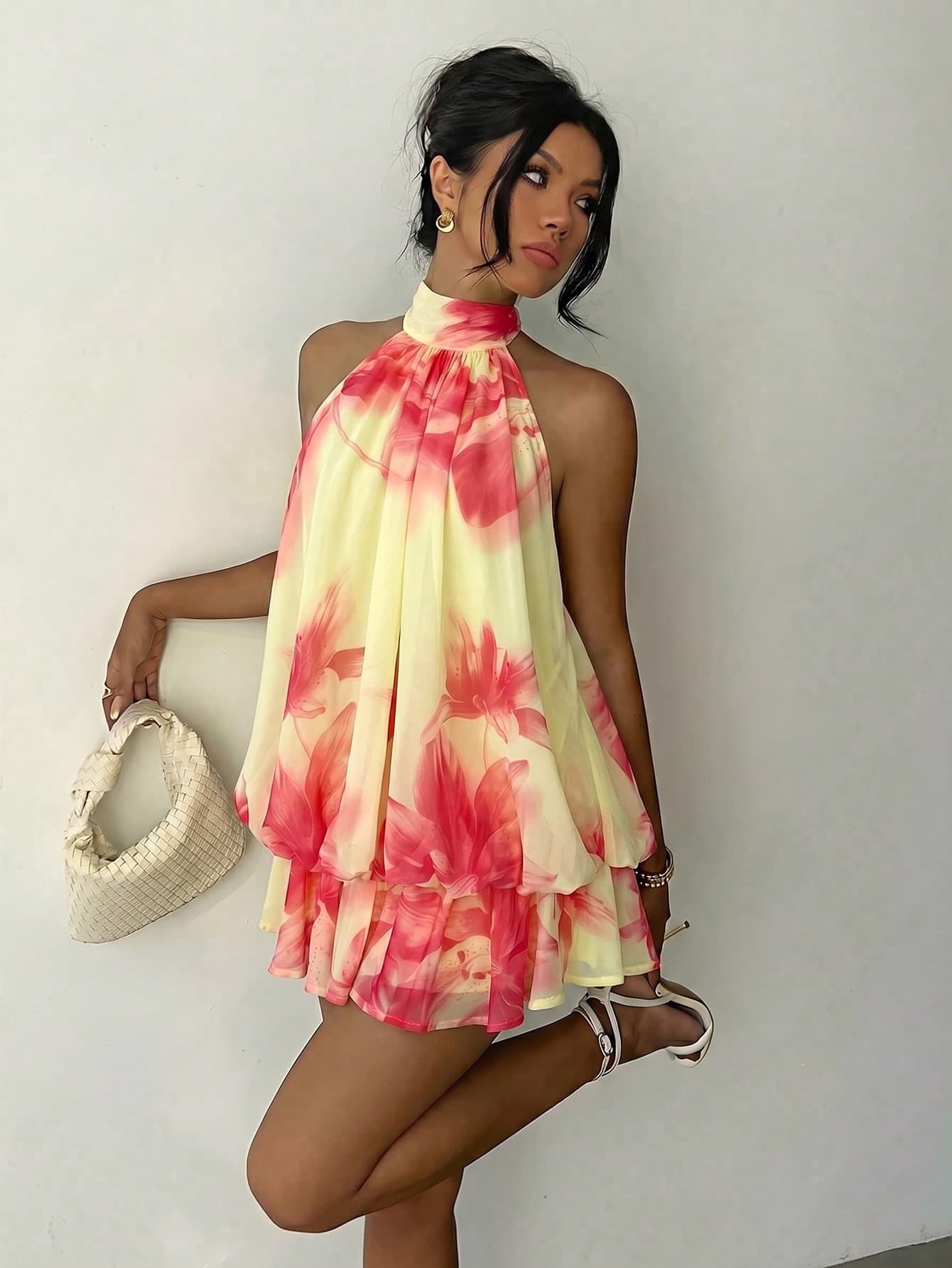 Aloruh Women's Elegant Tropical Pink Floral Halter Neck Tie Mini Dress Vacation Summer,Wedding Guest,Graduation Dress