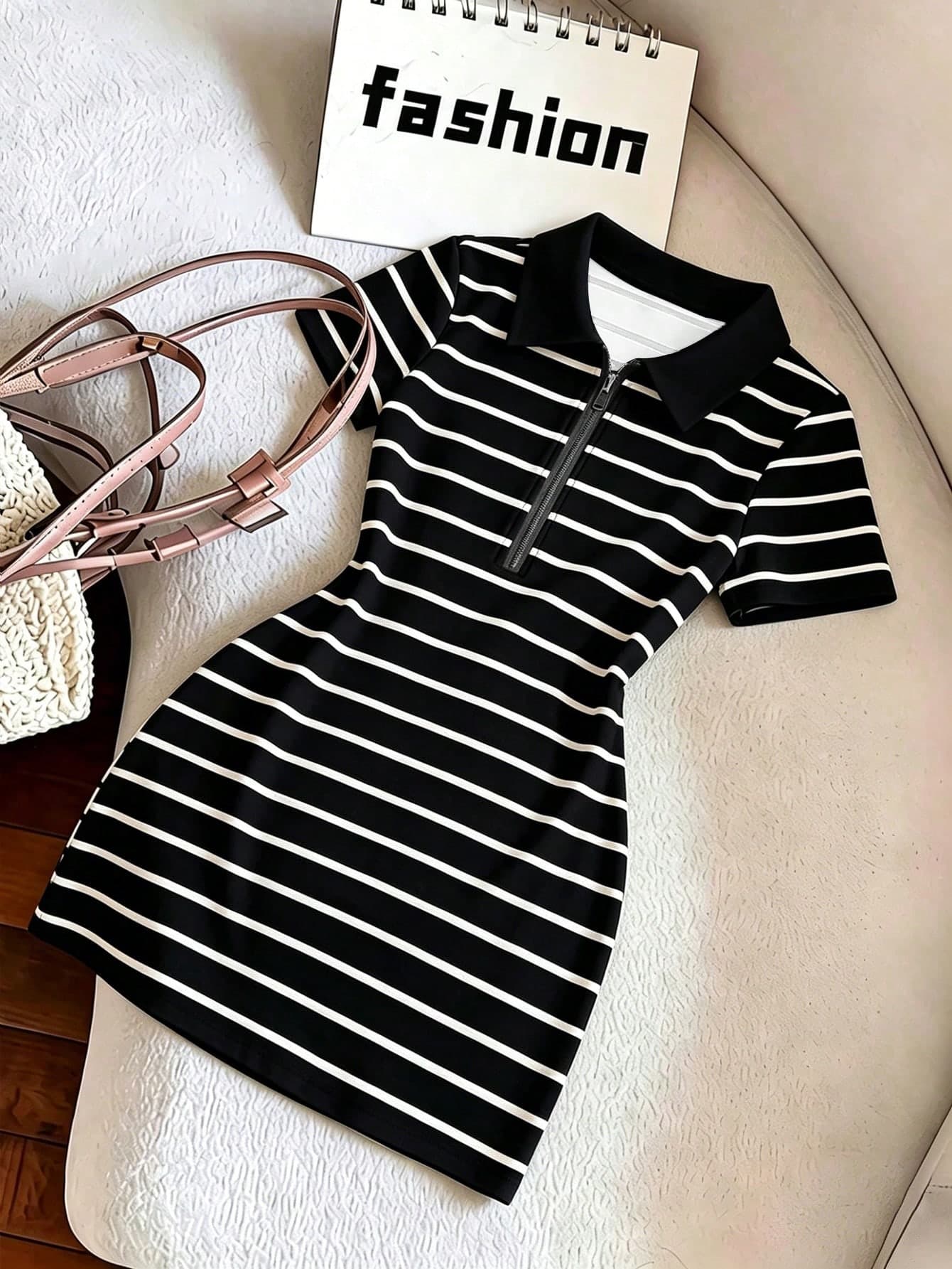 GlowEve Women's Collared Zipper POLO Shirt T-Shirt Dress, Fitted Vintage Striped Dress, Summer Dress, Striped Casual Outing Leisure Sports Elegant Youthful Versatile Short Dress, Suitable For Western Theme Cruise, Holiday Celebration, Beach Vacation, Music Festival, Bohemian Style Vacation, Back To School Season, Easter, Wedding, Teacher's Day, Mother's Day, All Seasons, Sexy Vacation Outfit For Women To Wear At Beach Club, Havana Night, Beach Dinner And Other Occasions
