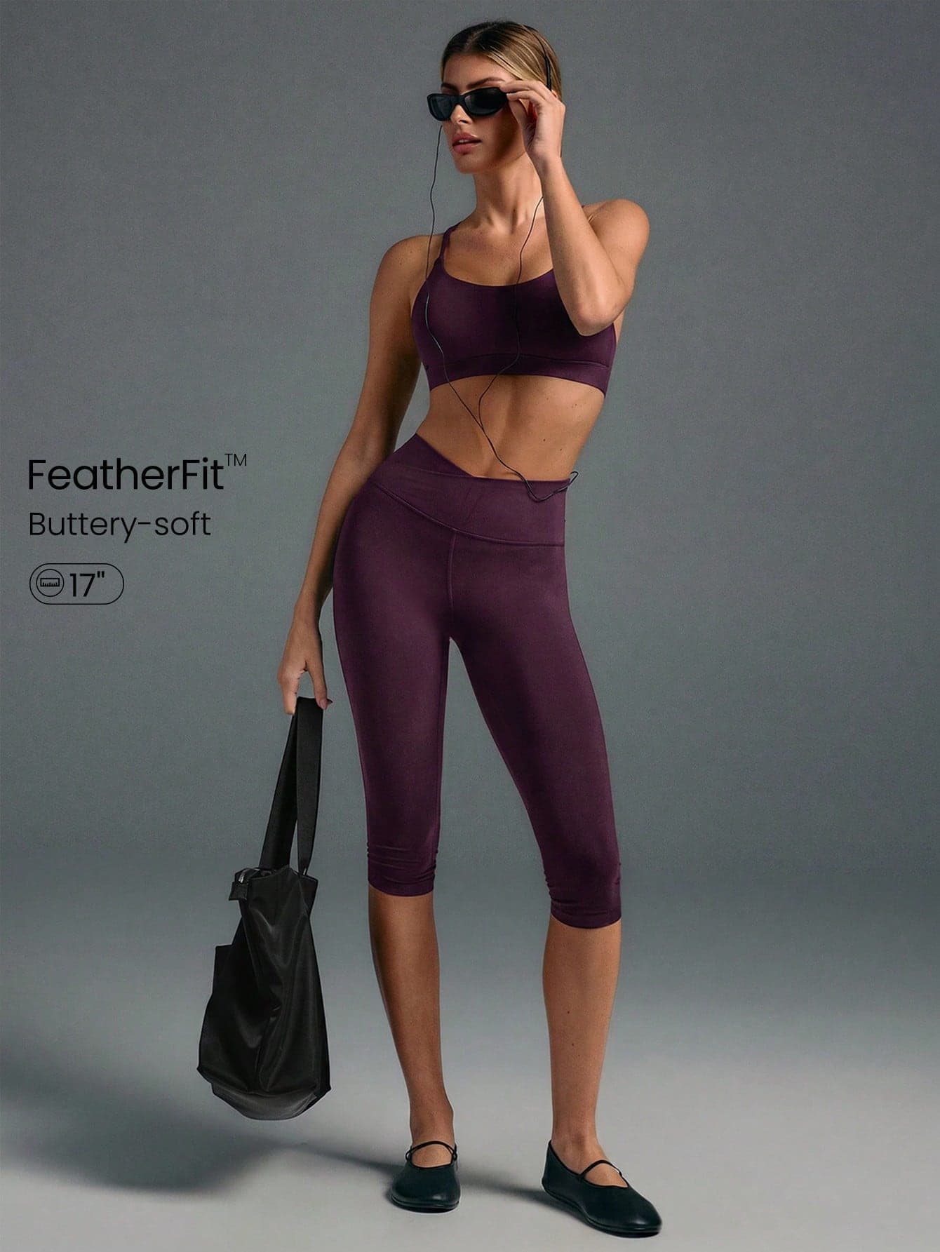 GLOWMODE 17" FeatherFit™ Crossover Waist Front Special Seam Cutie Capri Leggings Low Impact Yoga Pilates Studio Daily
