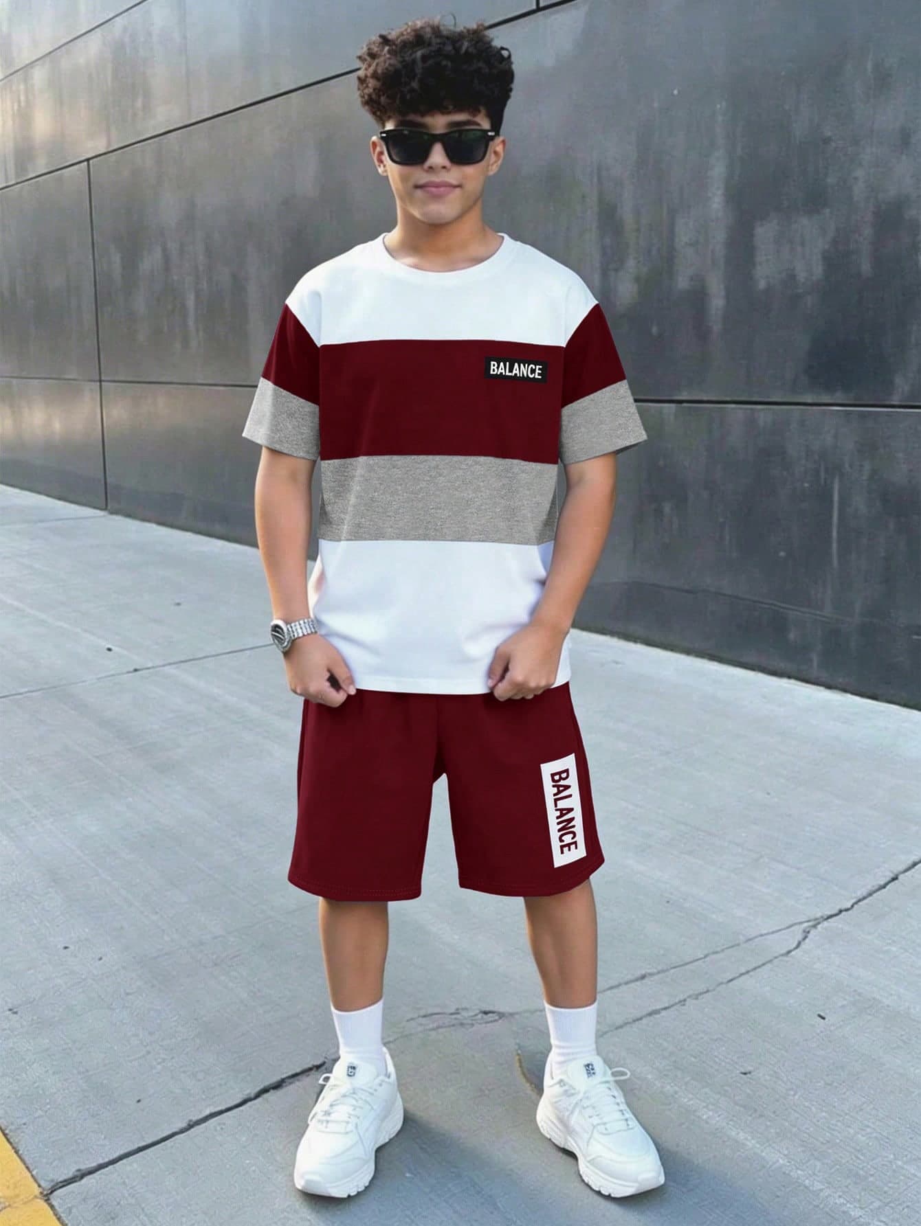 Teen Boy Casual Minimalist Short Sleeve Crew Neck T-Shirt And Shorts Set, Suitable For Summer, Classic Cool Block Split Pattern Print, Cool Exquisite Small Logo Text Pattern Print