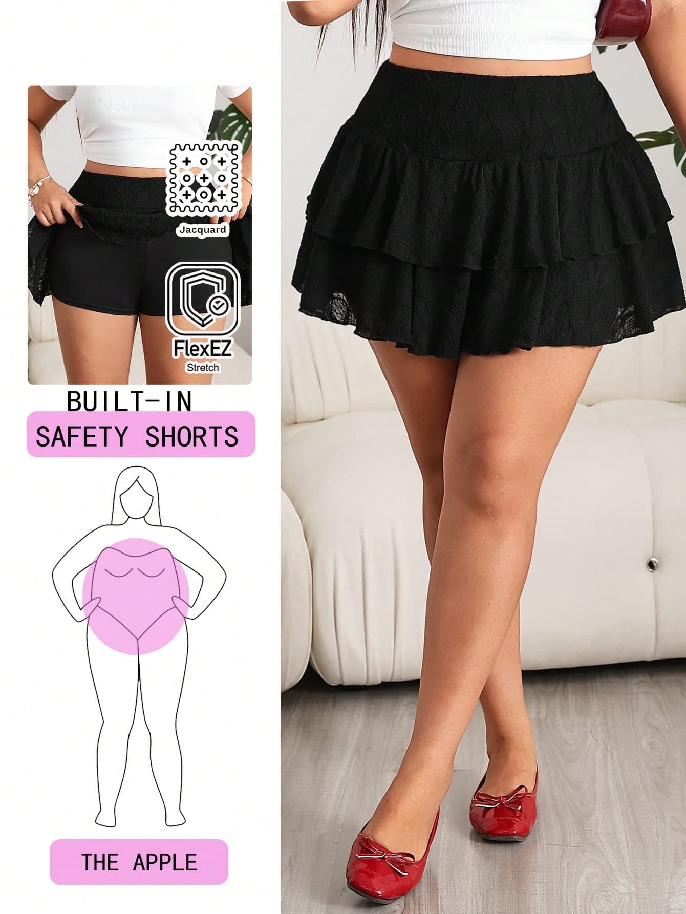Solflare New Black Textured Knit Short Plus Size Skirt With Multi-Layer Ruffle Hem And Built-In Anti-Exposure Lining, Suitable For Outdoor, Casual, Party, Commute, Wedding, Music Festival, Back To School, Graduation, Beach Vacation, Street Style, Home, City Walk, Multi-Occasion Wear, Outerwear Or Layering