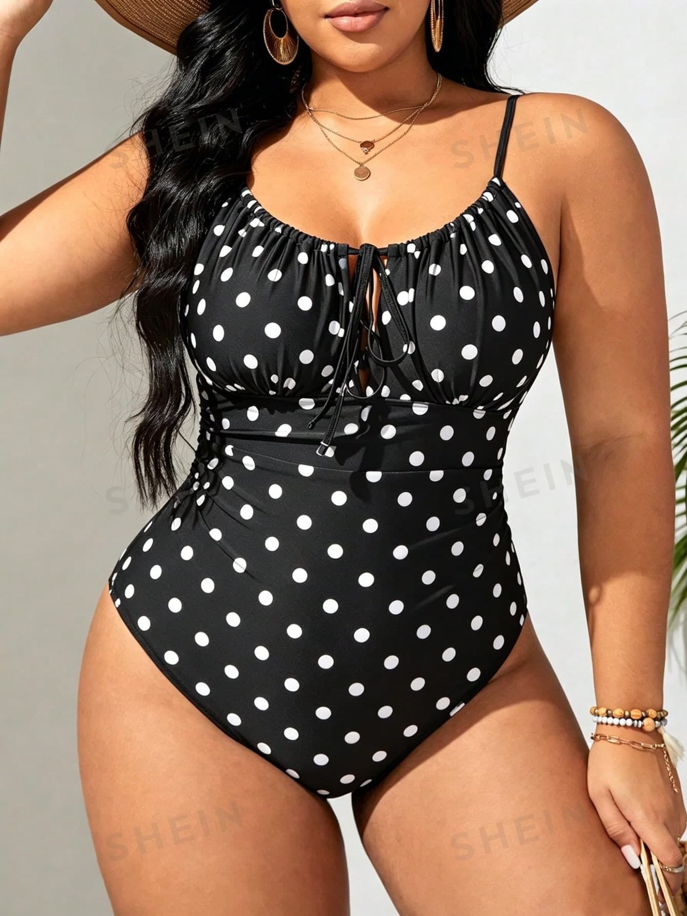 Swim Lushoire Plus Size Polka Dot Tie-Front One-Piece Vacation Swimsuit