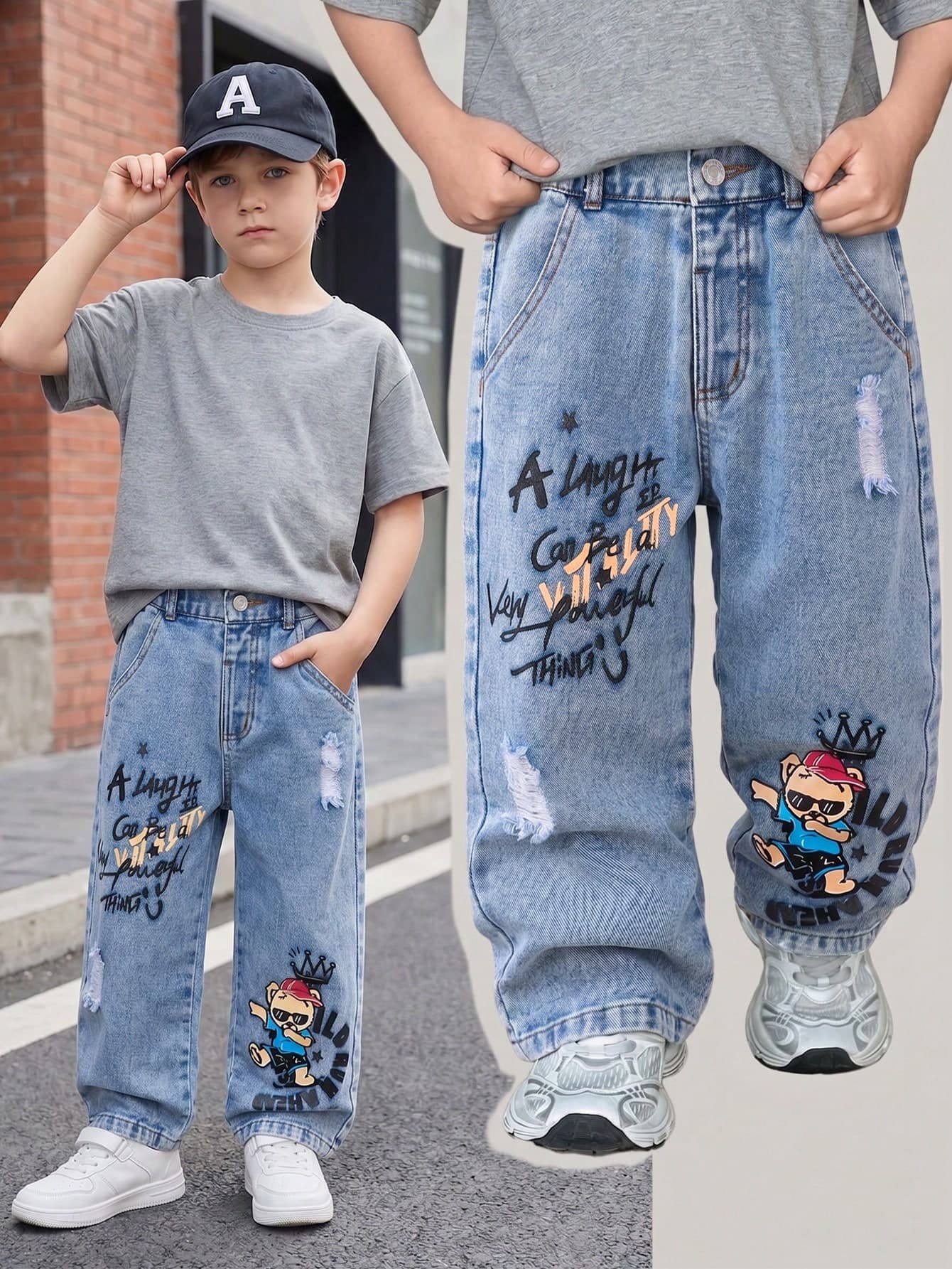 SHEIN Genkimix Kids Young Boys Cartoon Bear Print Straight Leg Jeans, Summer New Arrival, Casual Street Style Vintage Long Pants, Distressed Washed Ripped Craft, Elastic Comfortable Waistband, Fun Letter Crown Print Design, Loose Casual Versatile Fit, Children's Day, Suitable For Brunch Date Graduation Party Vacation Beach Weekend Outing Daily Travel Gathering Commute Vacation Vibes Casual Kids Denim Pants