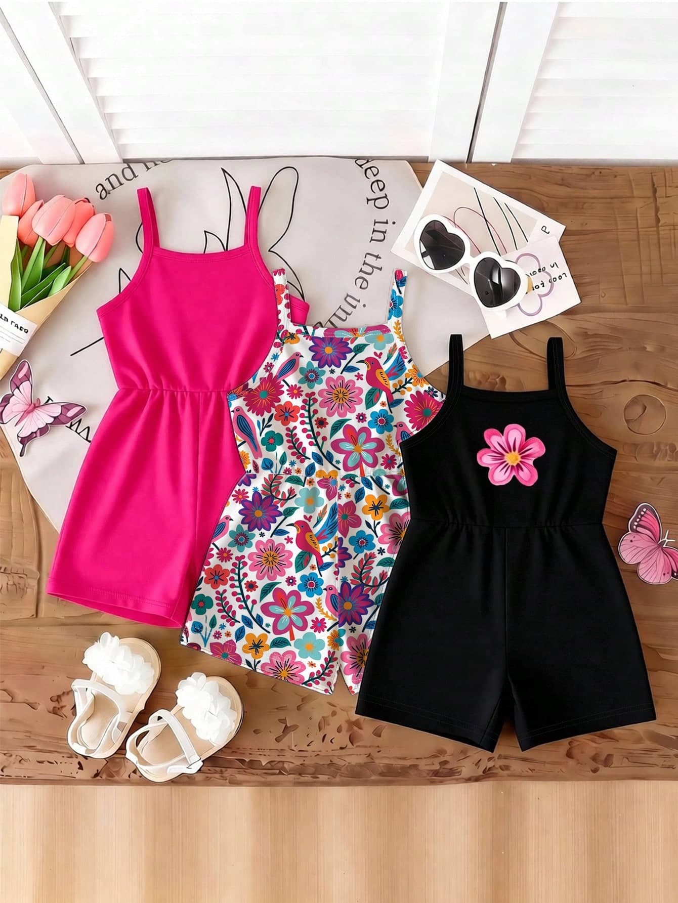 Souflis Souflis 3pcs/Set Toddler Girls' Summer 2026 Floral Print Solid Color Romper, Minimalist Boho Versatile Fashionable Holiday Style Jumpsuit Vacation White