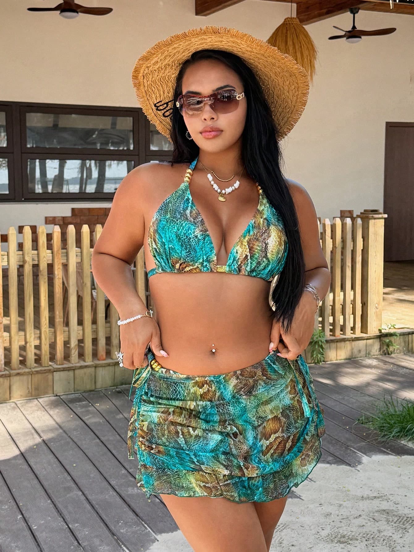 Swim Vcay 2026 New Summer Vacation Wild Plus Size Women's Snake Print Halter Bikini Set Set With Cover-Up Skirt Vacation Teal