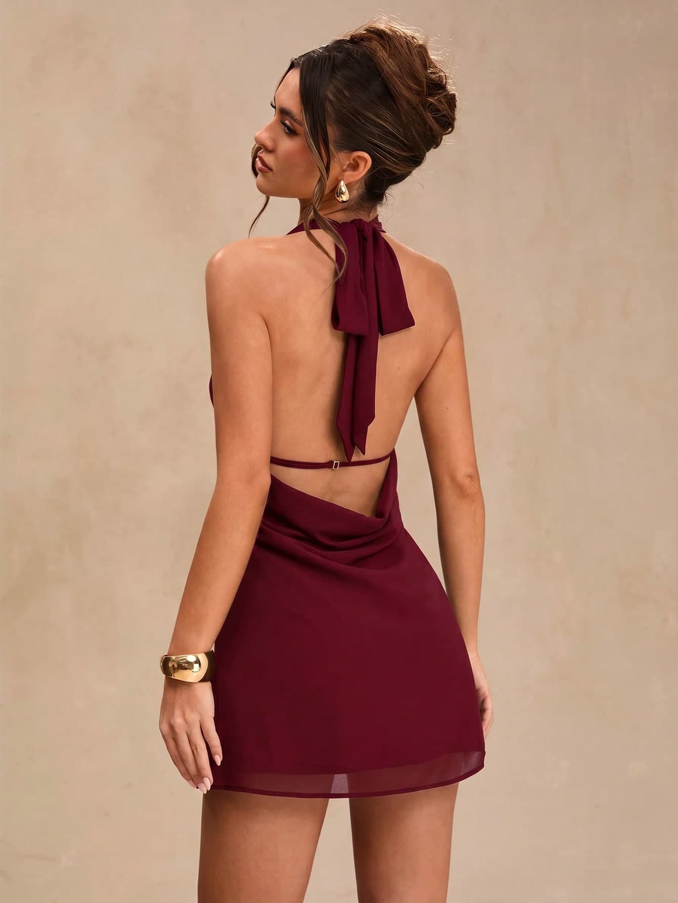 SHEIN BAE Spring/Summer Solid Black Deep Draped Neck Halter Sexy Cowl Neck Backless Women's Chiffon Mini Dress
