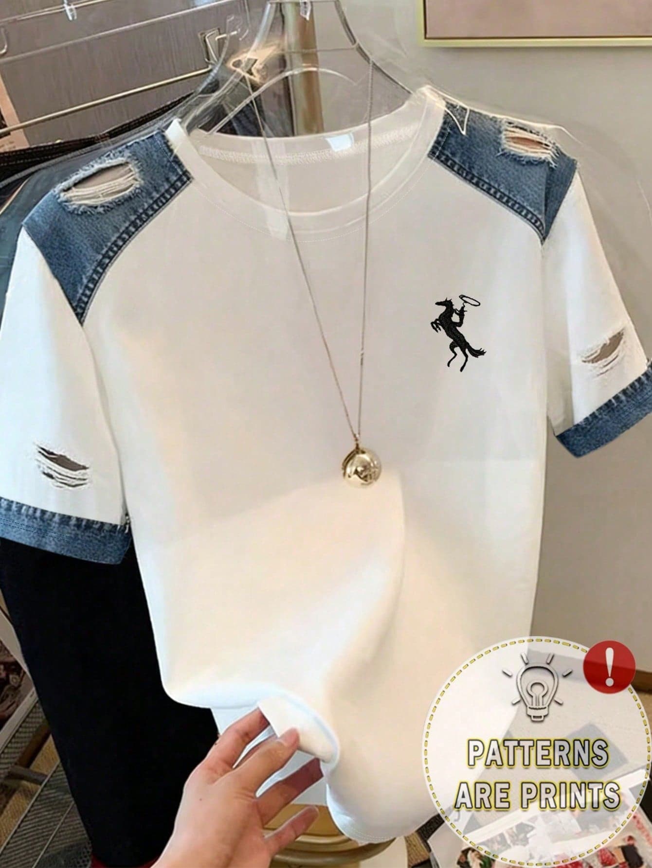 Resyla Authentic Embroidered, Fashionable Denim Effect Round Neck Women T-Shirt, Suitable For Daily And Formal Occasions
